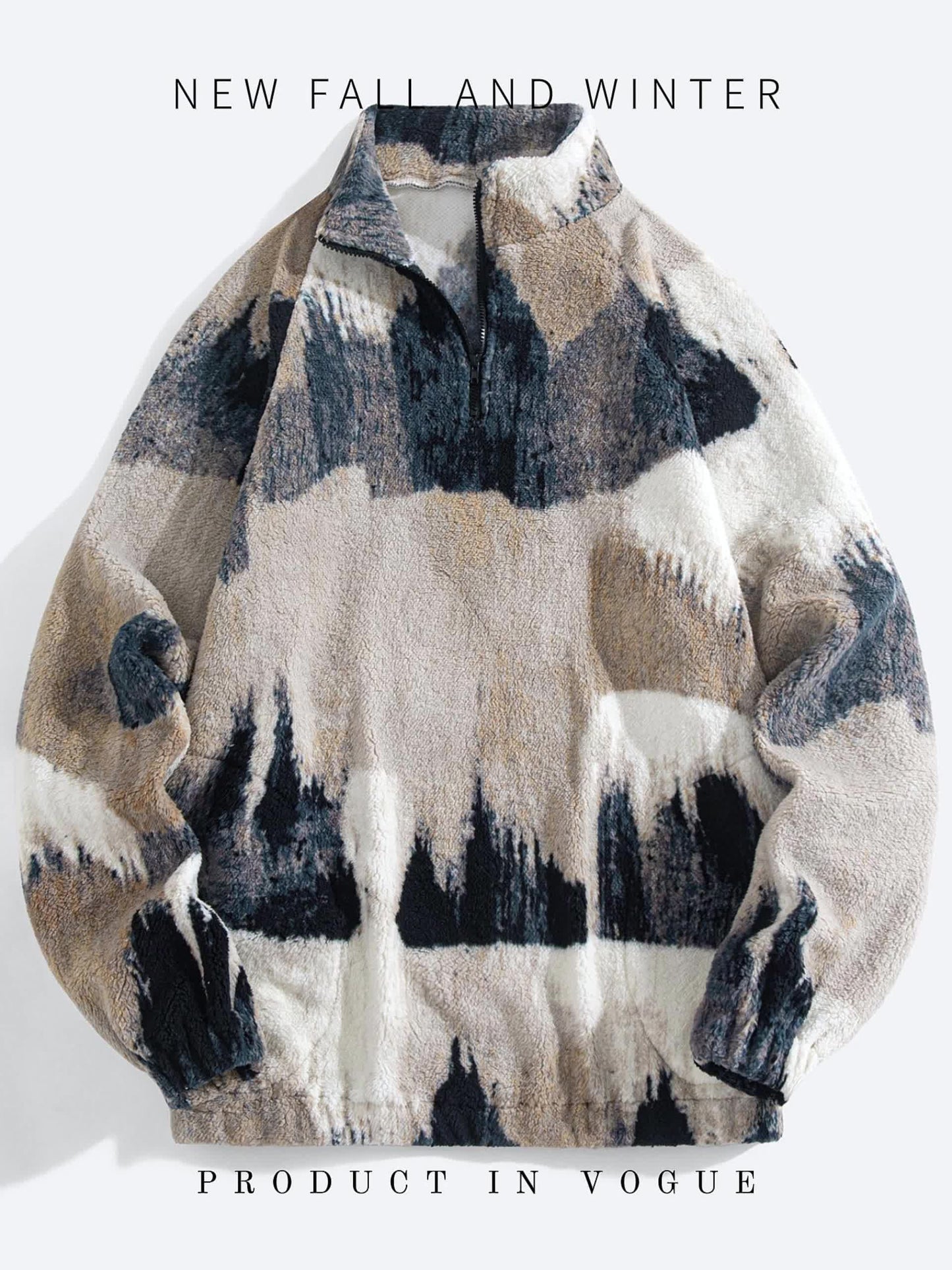 Men'S Plush Fleece-Lined Half-Zip Pullover Sweatshirt with Mountain Landscape Print - Soft Breathable Fabric