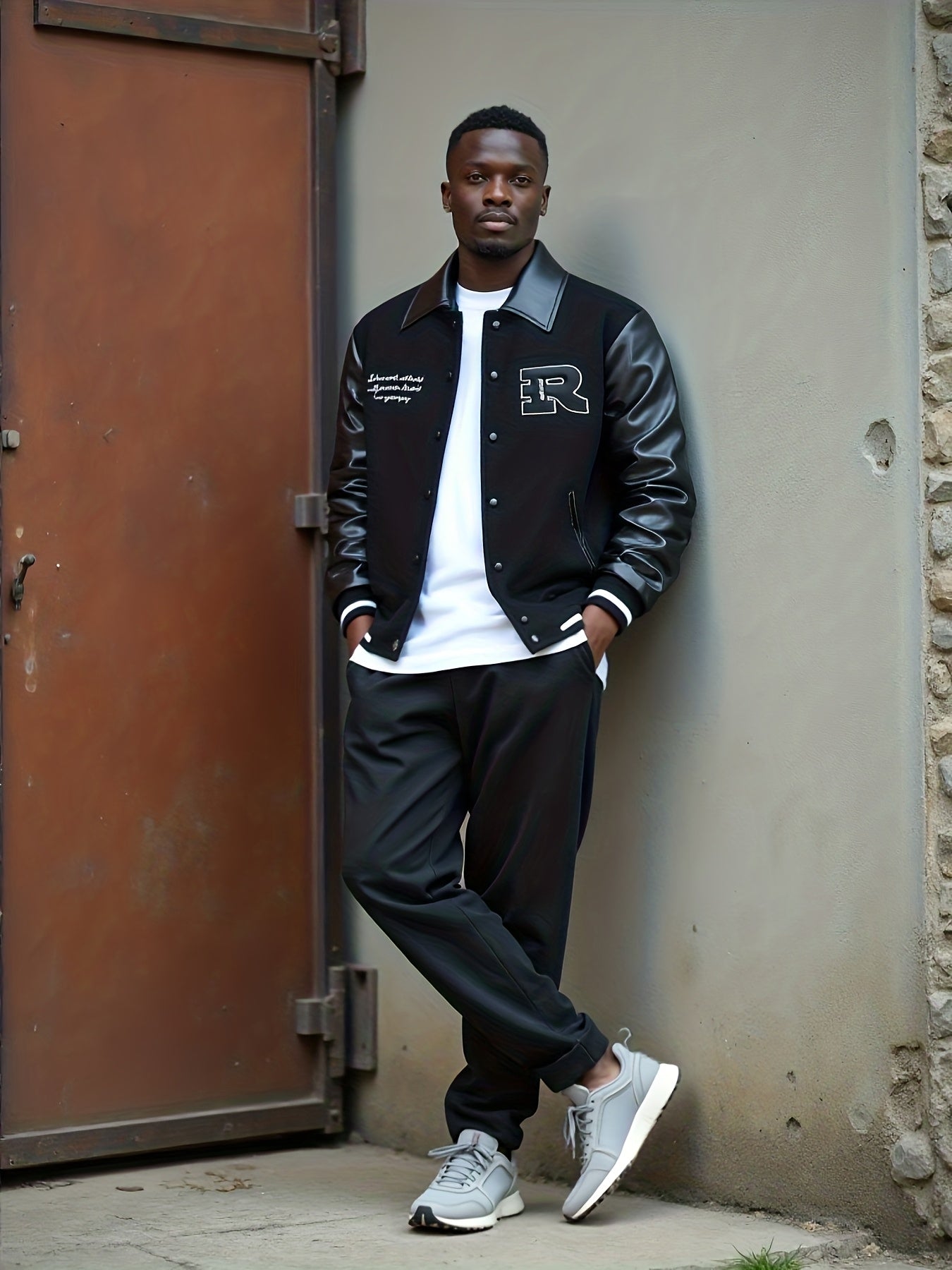 2025 Autumn Winter Men'S Black Baseball Jacket - High Street Embroidery, R Letter Patch