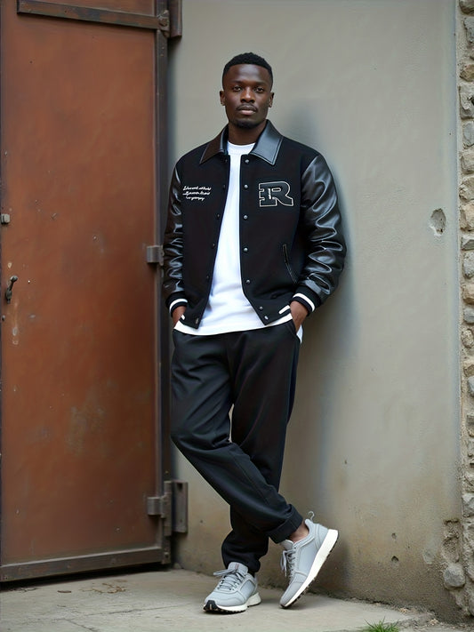 2025 Autumn Winter Men'S Black Baseball Jacket - High Street Embroidery, R Letter Patch