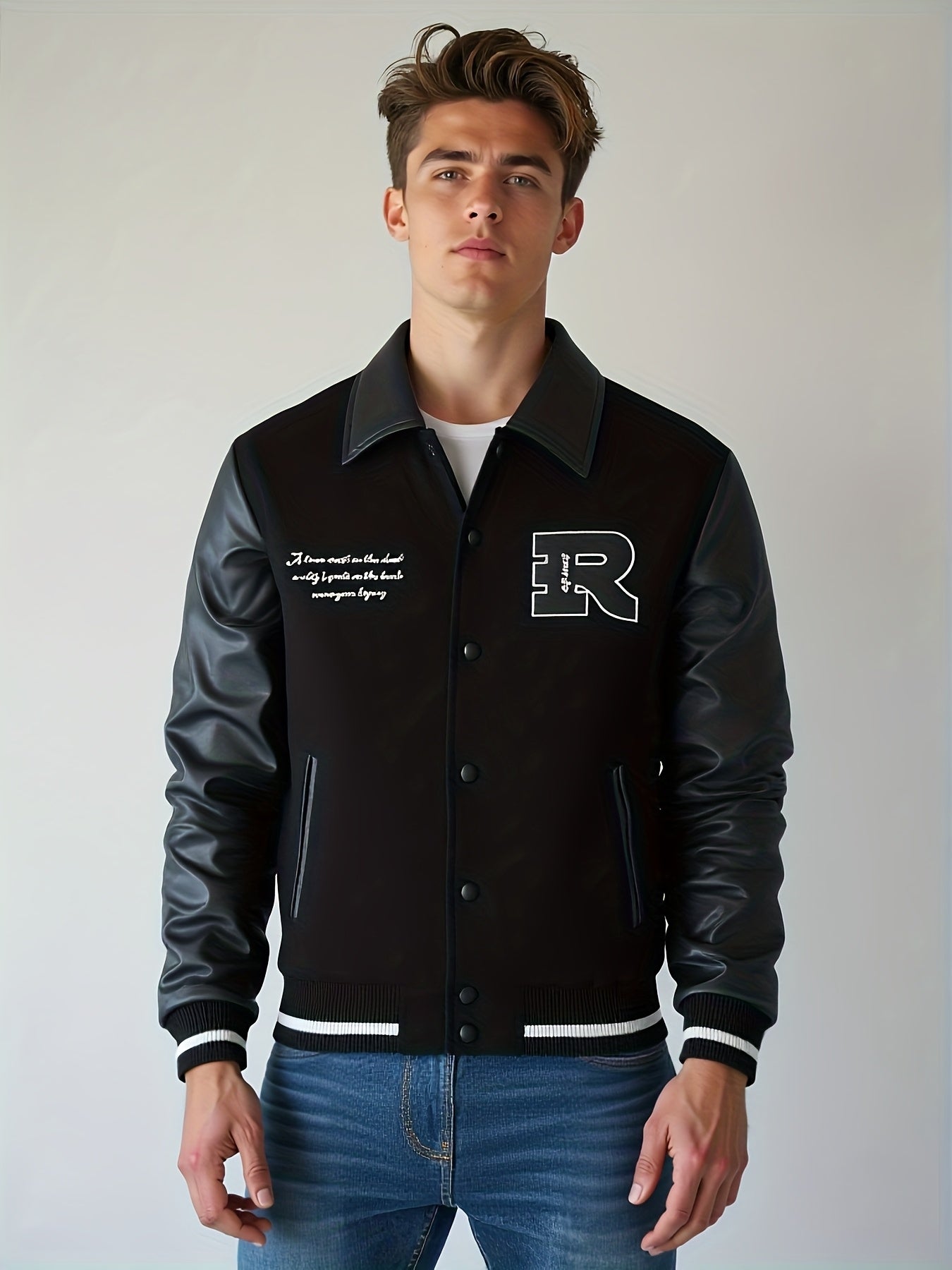2025 Autumn Winter Men'S Black Baseball Jacket - High Street Embroidery, R Letter Patch