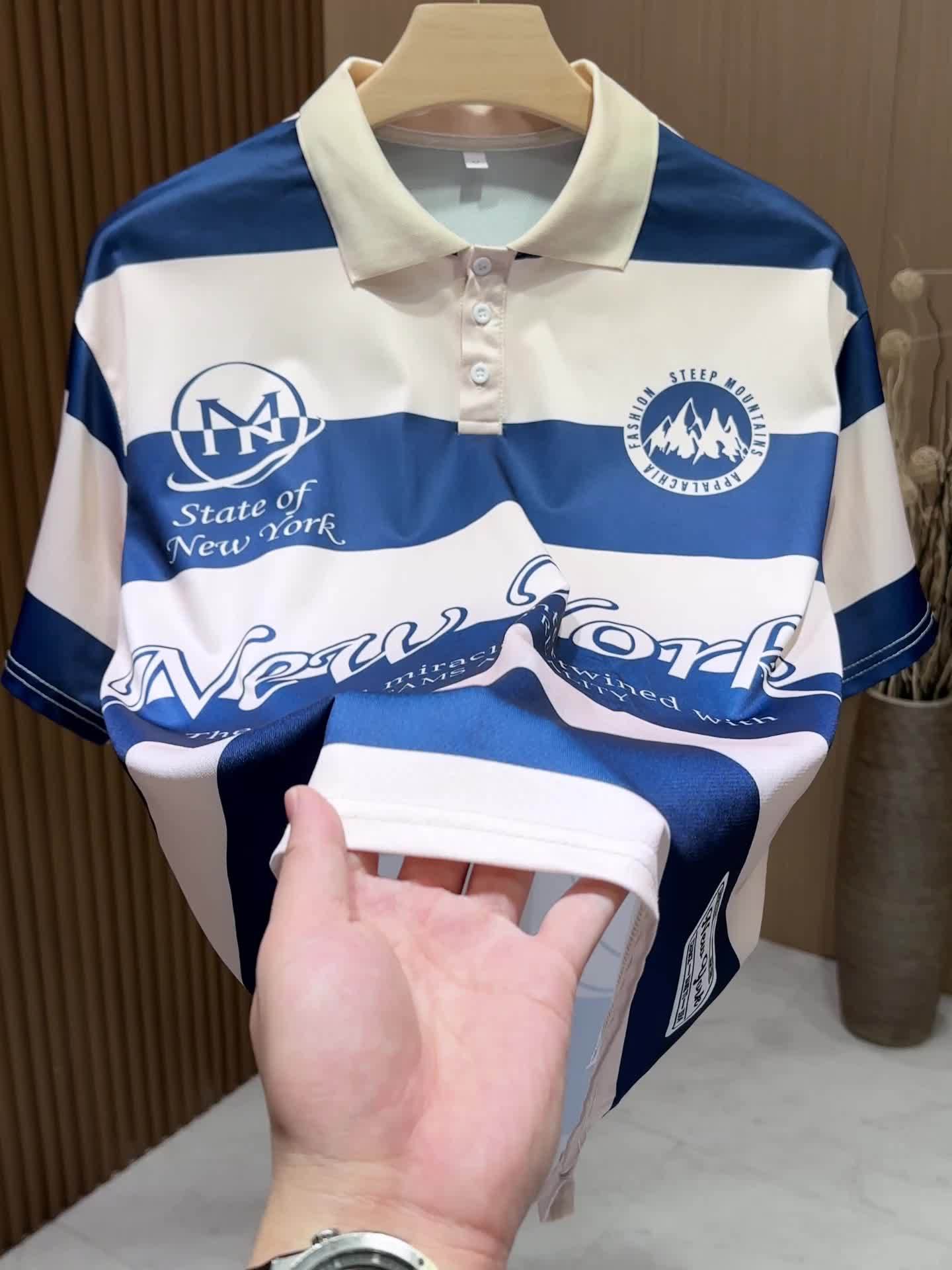 The 2025 New Blue And White Striped Short-Sleeve Polo Shirt Features a Stylish Collar Design