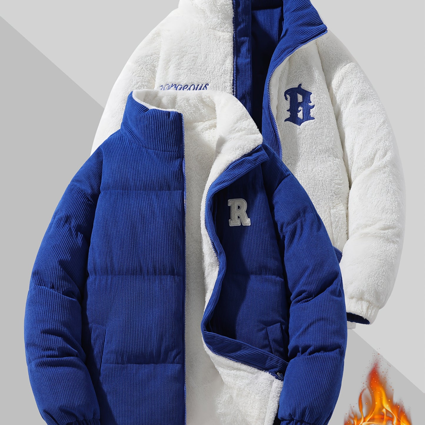 Men's Reversible Winter Jacket with Fleece Lining - Two-Sided Full-Zip Coat, Stand Collar & Logo Patch (R)