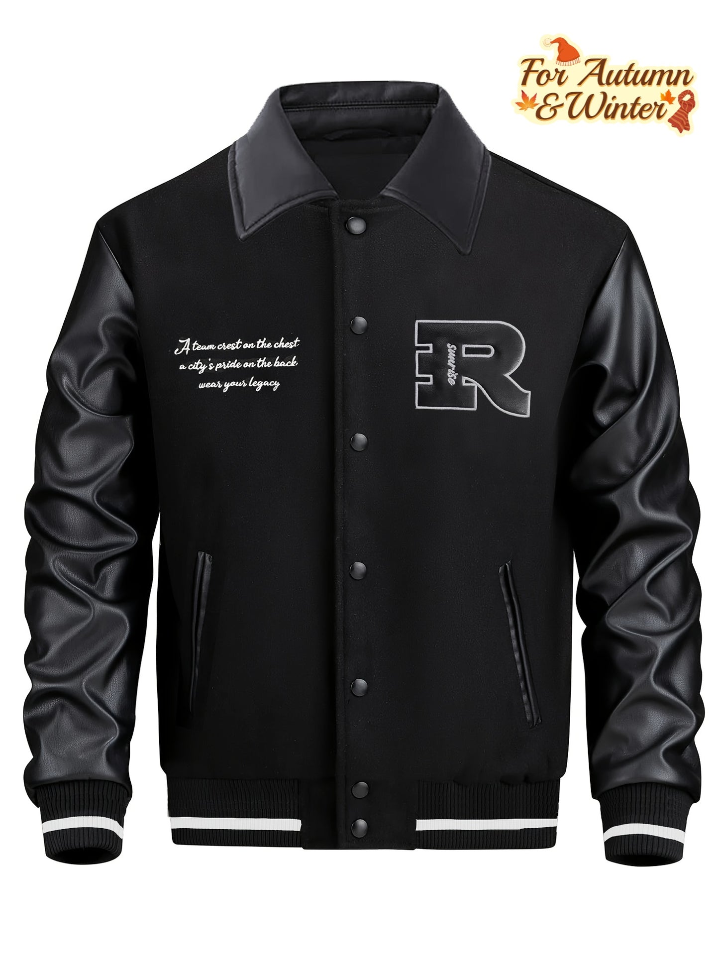 2025 Autumn Winter Men'S Black Baseball Jacket - High Street Embroidery, R Letter Patch