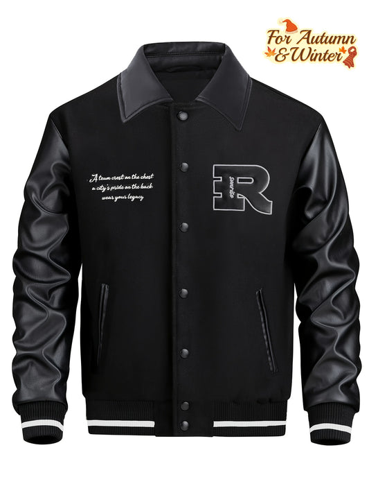 2025 Autumn Winter Men'S Black Baseball Jacket - High Street Embroidery, R Letter Patch