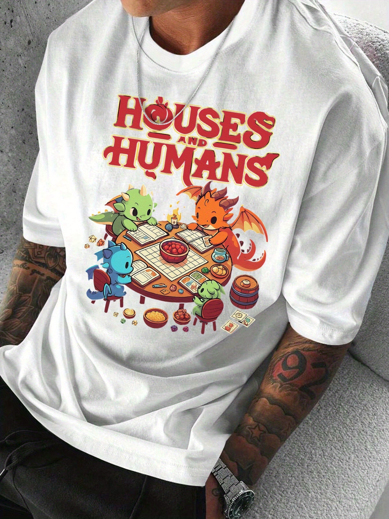 Men'S Casual Short Sleeve T-Shirt with Whimsical Dragon & Cabin Print - \