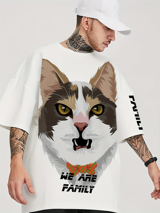 Fierce Cute Cat Graphic T-Shirt for Men - SANSYAS Brand, Loose Fit Casual Crew Neck Short Sleeve Tee with Bold Cat Design