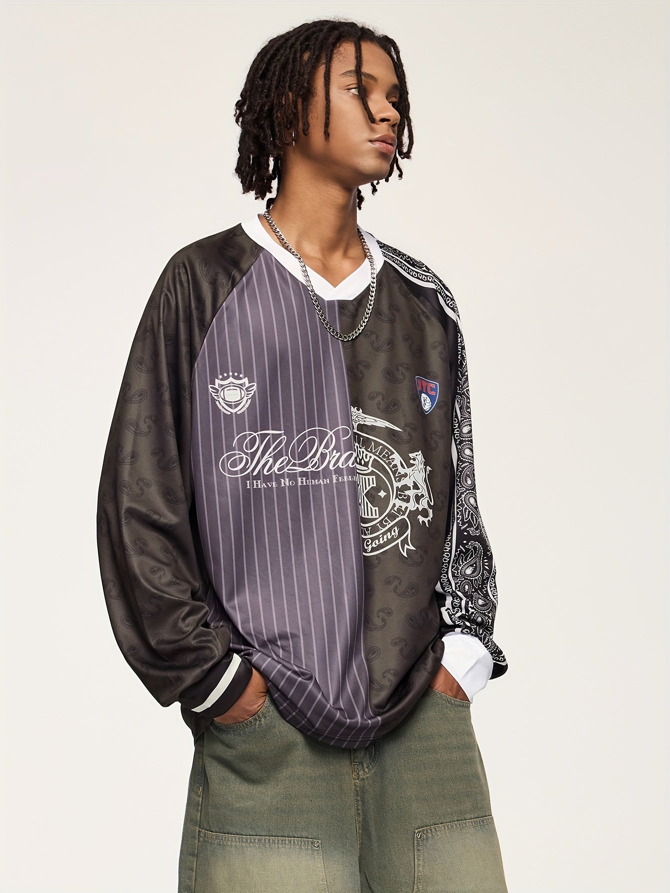Men'S Vintage Baseball Graphic T-Shirt - Loose Fit Long Sleeve Tee with V-Neck