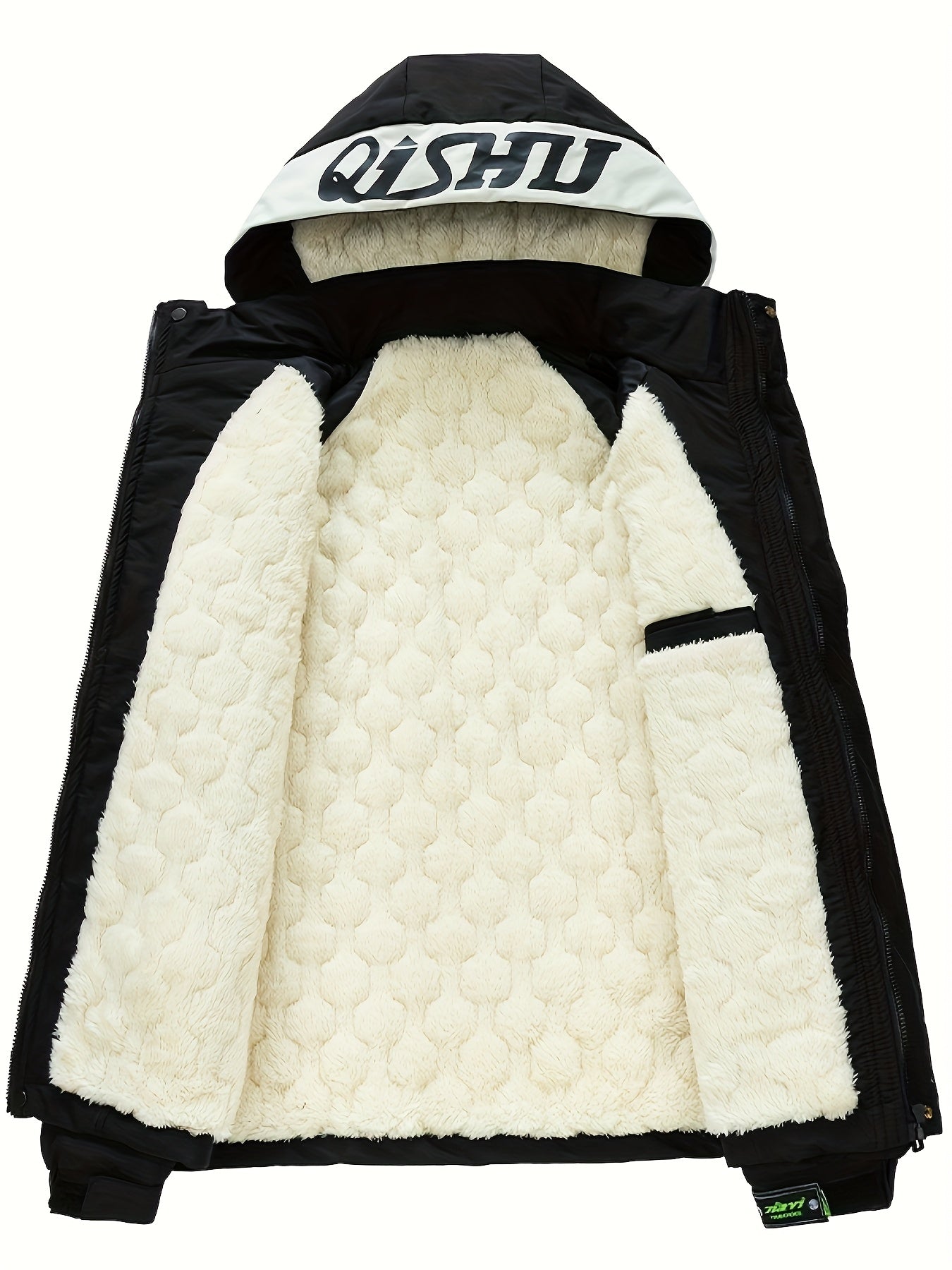 Men's Sporty Fleece-Lined Hooded Jacket - Two-Tone Olive Green & White with Contrast Stripes