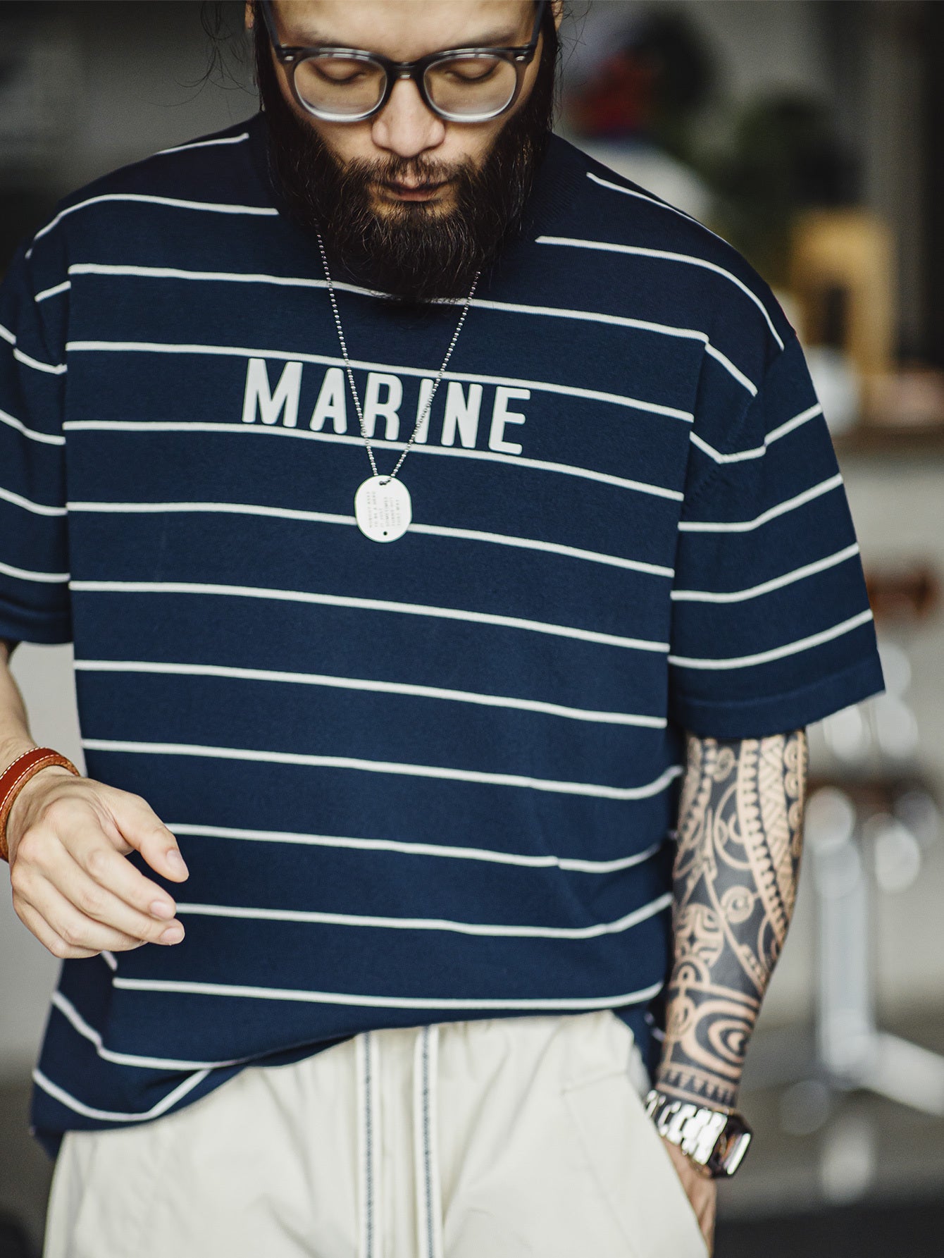 Men'S Vintage-Inspired Navy Blue & White Striped T-Shirt with \