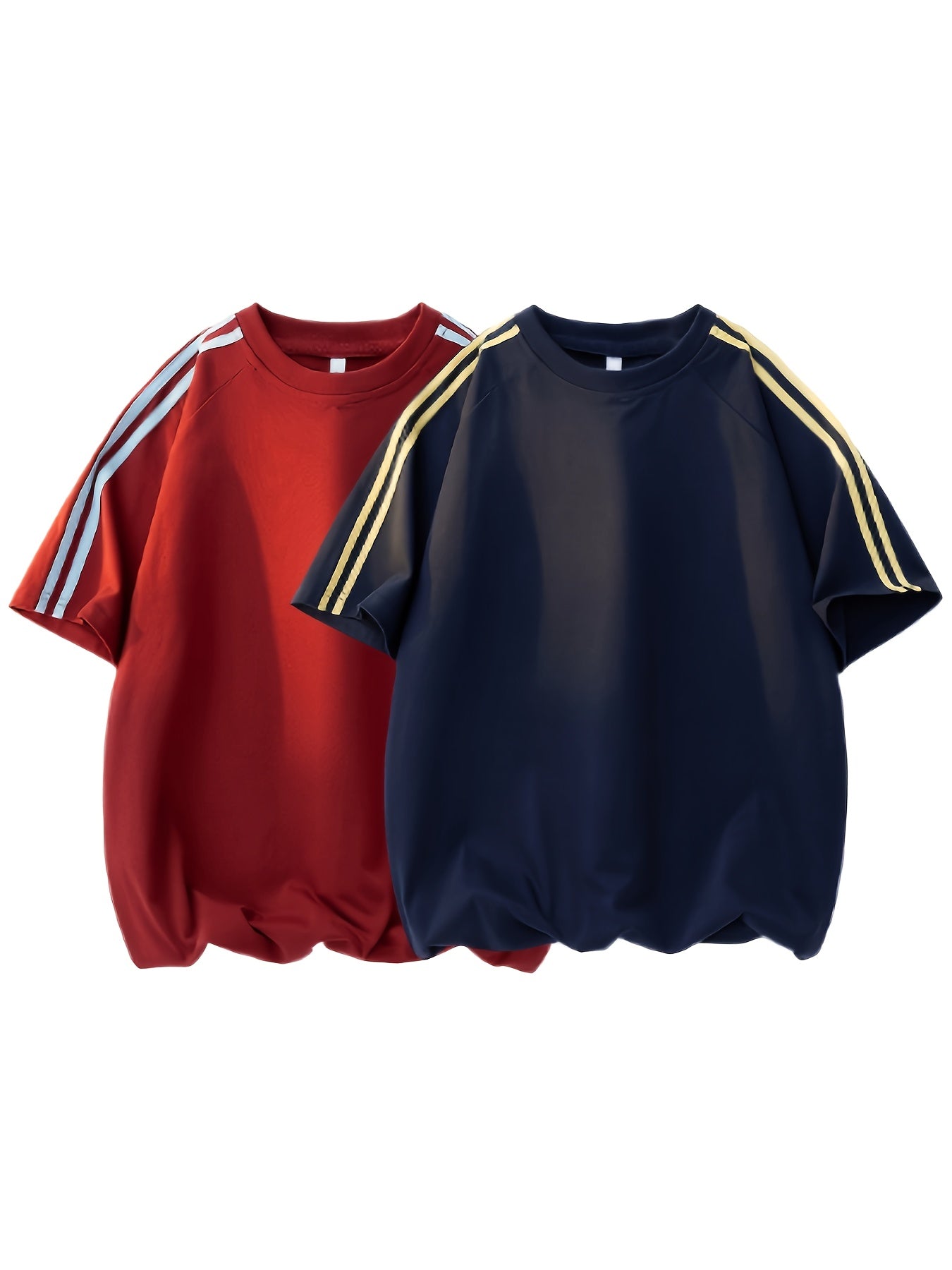 2pcs Men'S & Women'S Short Sleeve T-Shirts with Side Stripes - Comfortable Lightweight Polyester