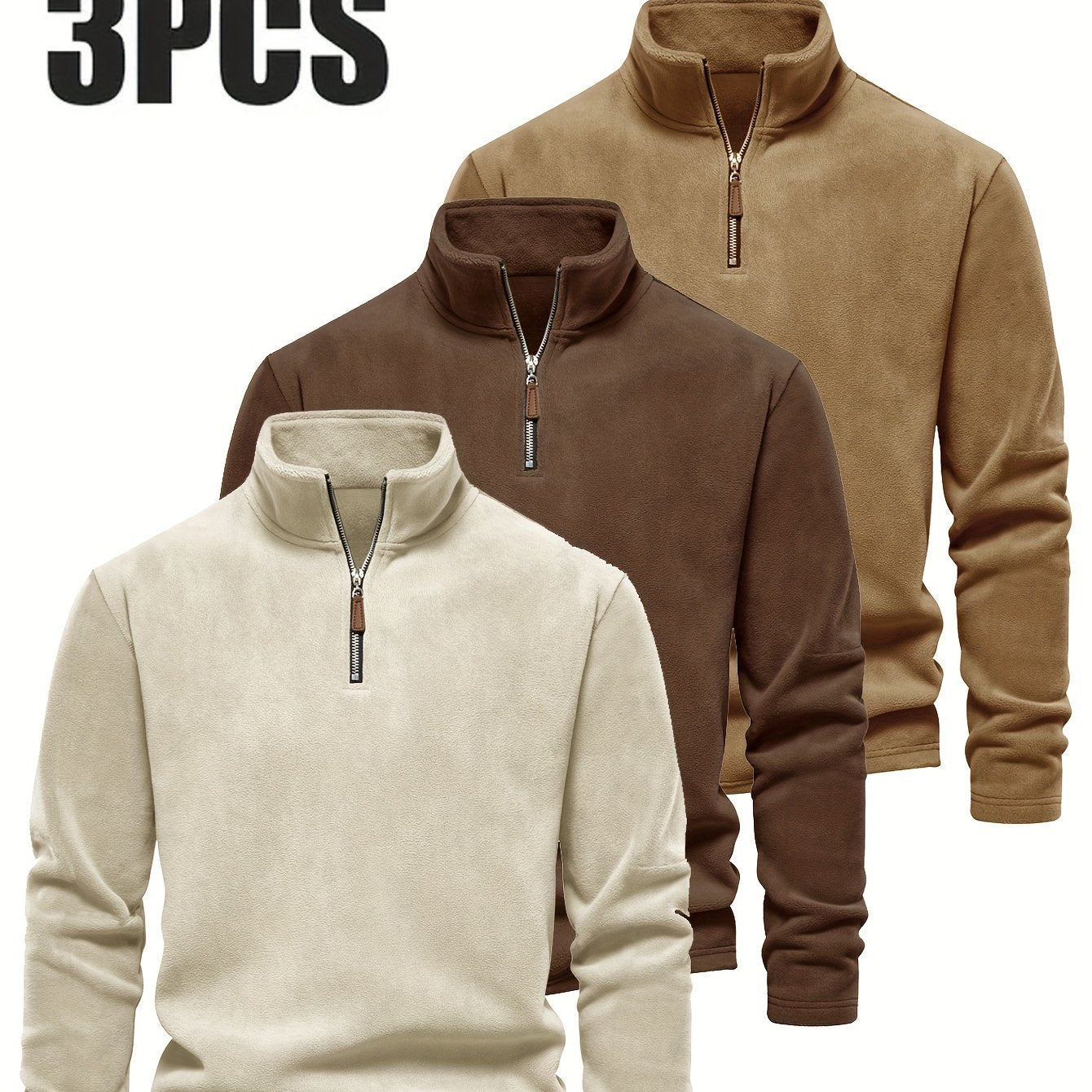 Men'S 3pcs Winter Fleece Half-Zip Pullover Set - Stand Collar Long Sleeve Casual Sweatshirts, Machine Washable