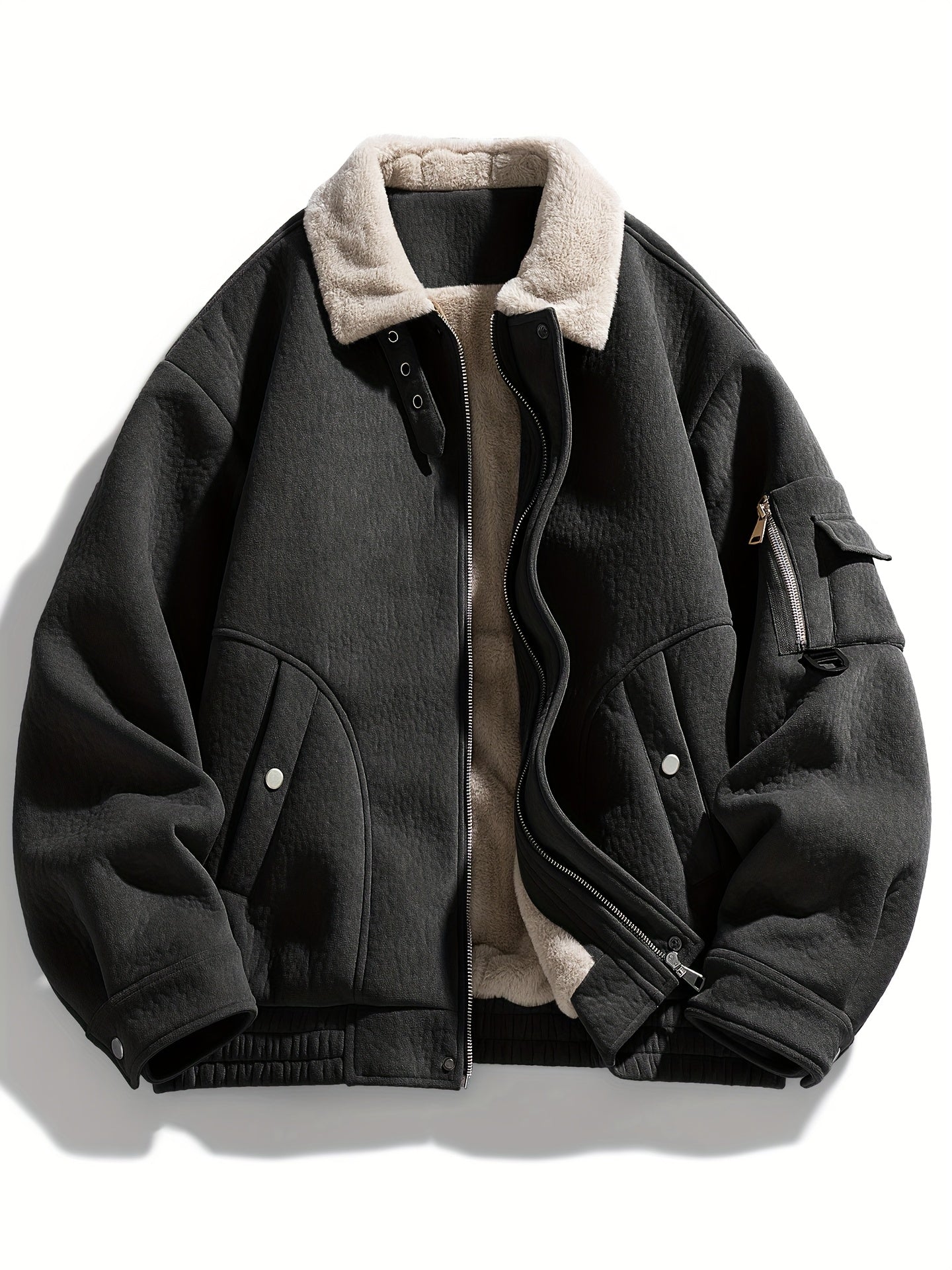 Men's Fleece Jacket with Full-Zip Closure & Fur Collar - Winter Warm Brown Coat