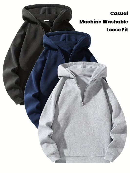 3pcs Fleece Hoodies 3pcs Men's Fleece-Lined Half-Zip Hooded Sweatshirts