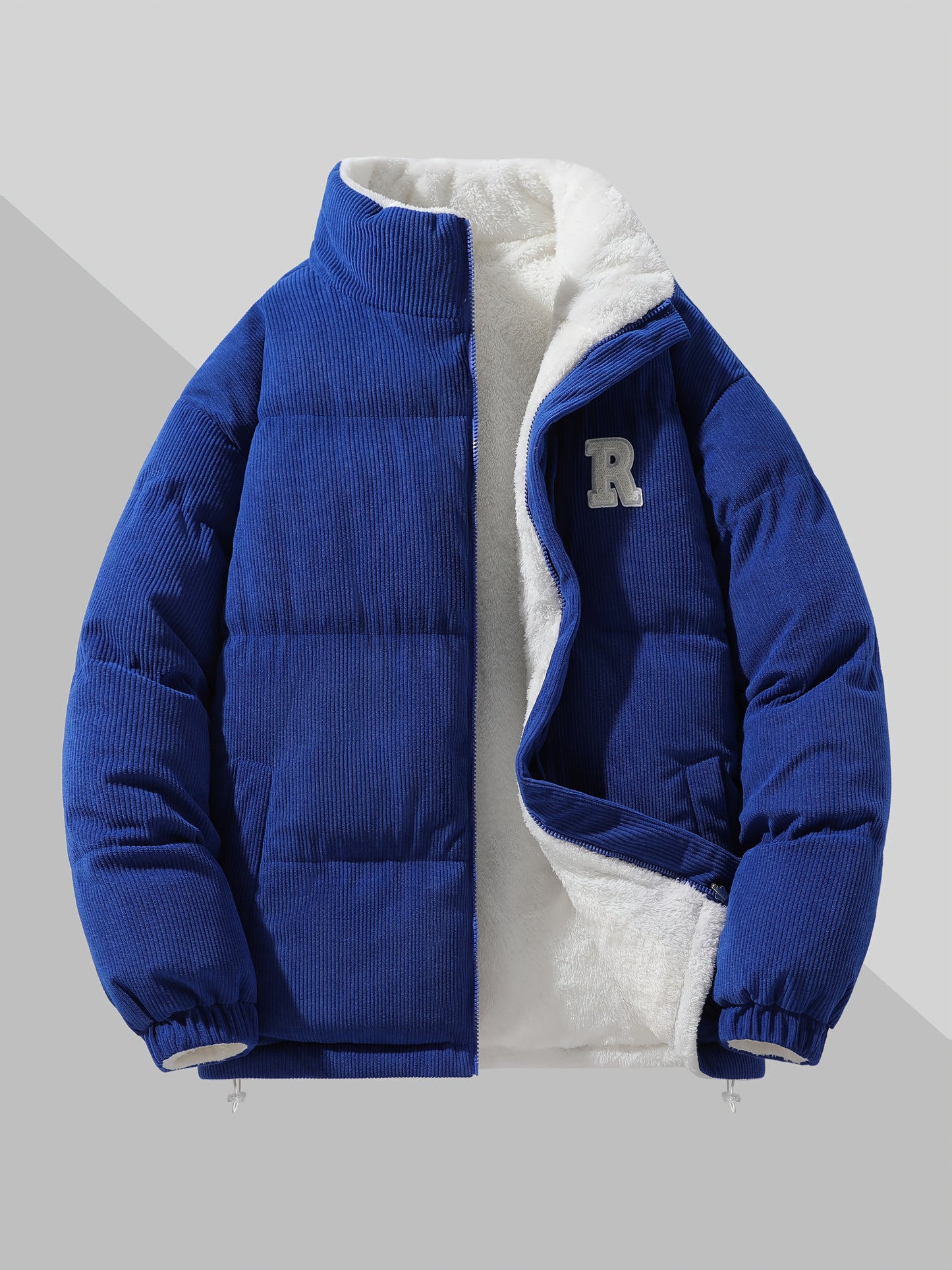 Men's Reversible Winter Jacket with Fleece Lining - Two-Sided Full-Zip Coat, Stand Collar & Logo Patch (R)