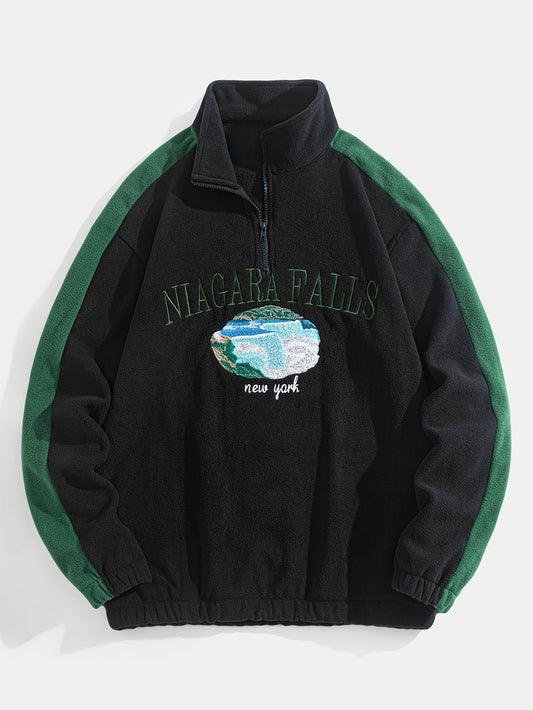 Cozy Sweatshirt Cozy Thickened Men's Niagara Falls Embroidered Fleece Zip-Up Sweatshirt