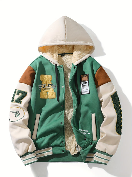 Men'S Casual Hooded Baseball Jacket with Embroidered Lettering, Color Block Design, Snap Closure