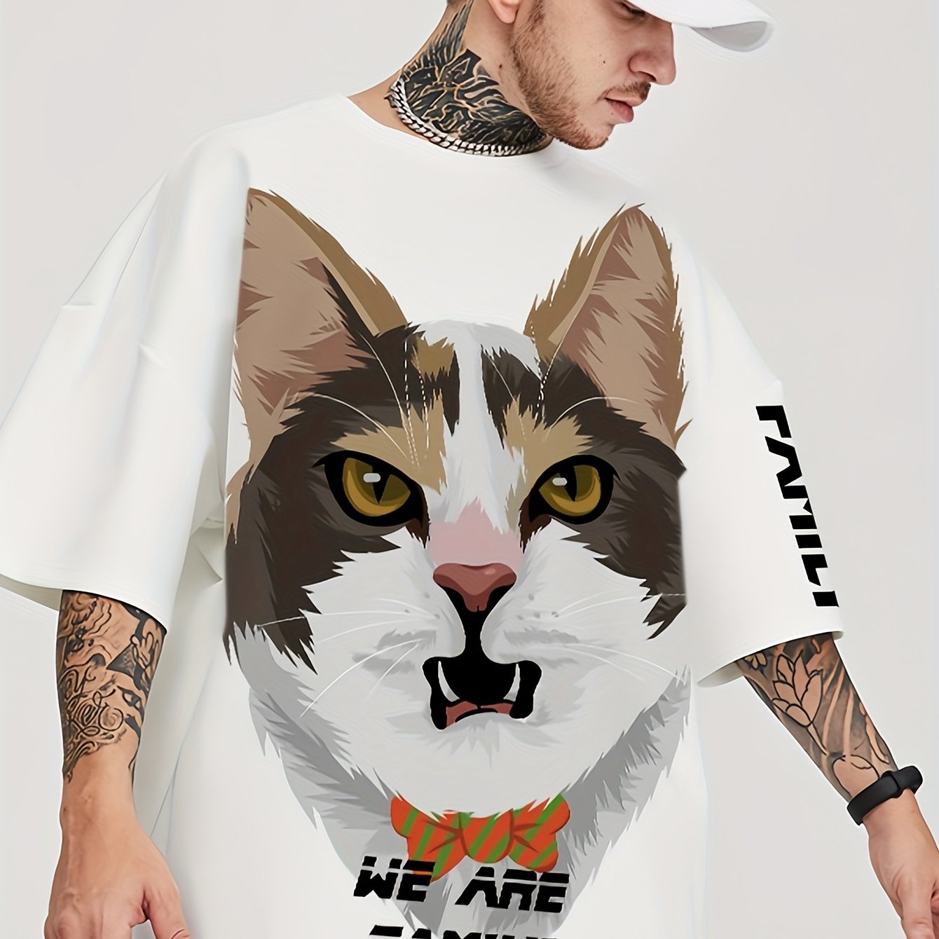 Fierce Cute Cat Graphic T-Shirt for Men - SANSYAS Brand, Loose Fit Casual Crew Neck Short Sleeve Tee with Bold Cat Design