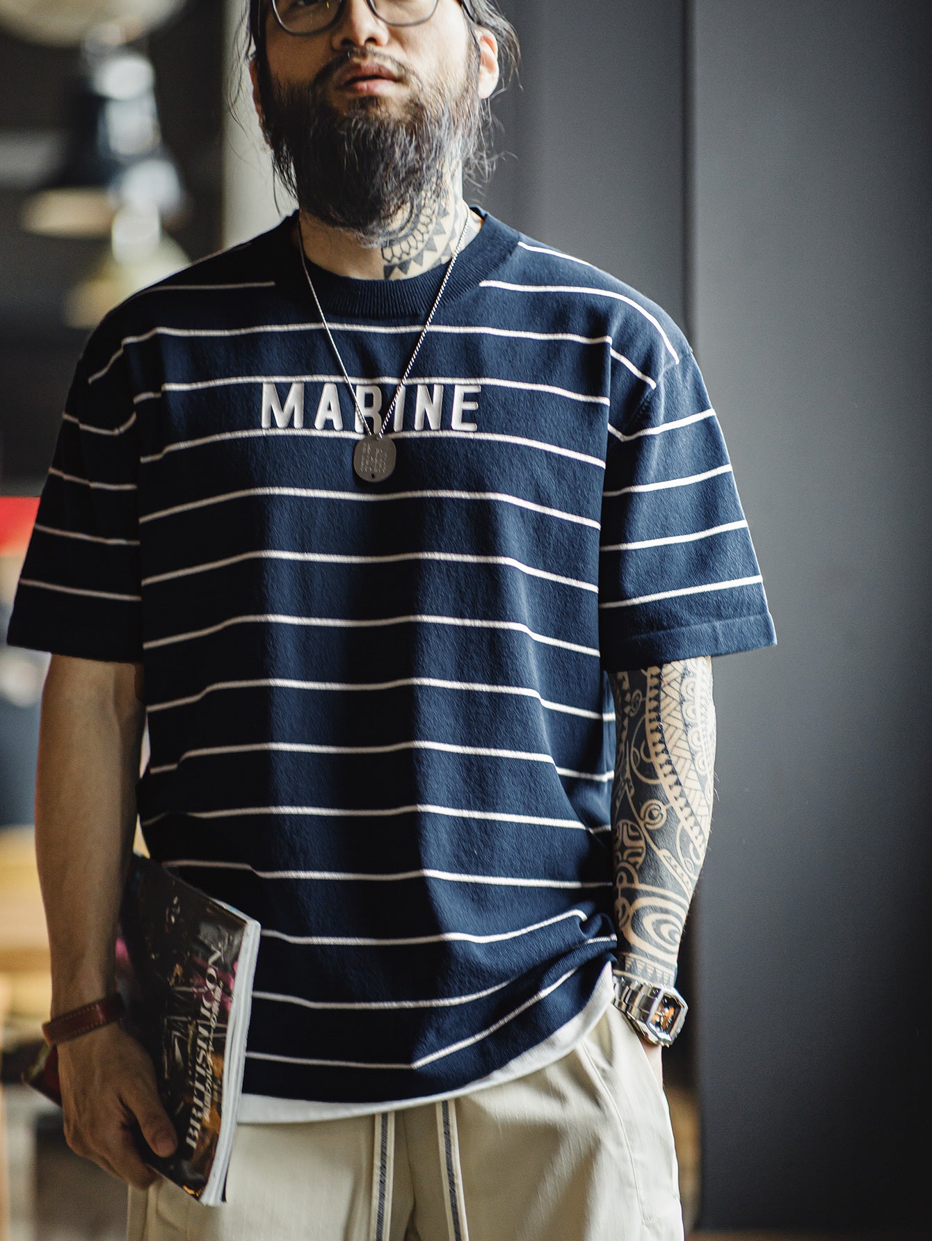 Men'S Vintage-Inspired Navy Blue & White Striped T-Shirt with \