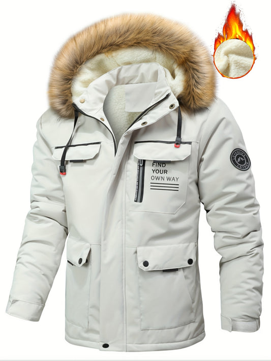 Men'S Winter Hooded Jacket with Fleece Lining - Thickened Zip-Up Coat, Multiple Pockets