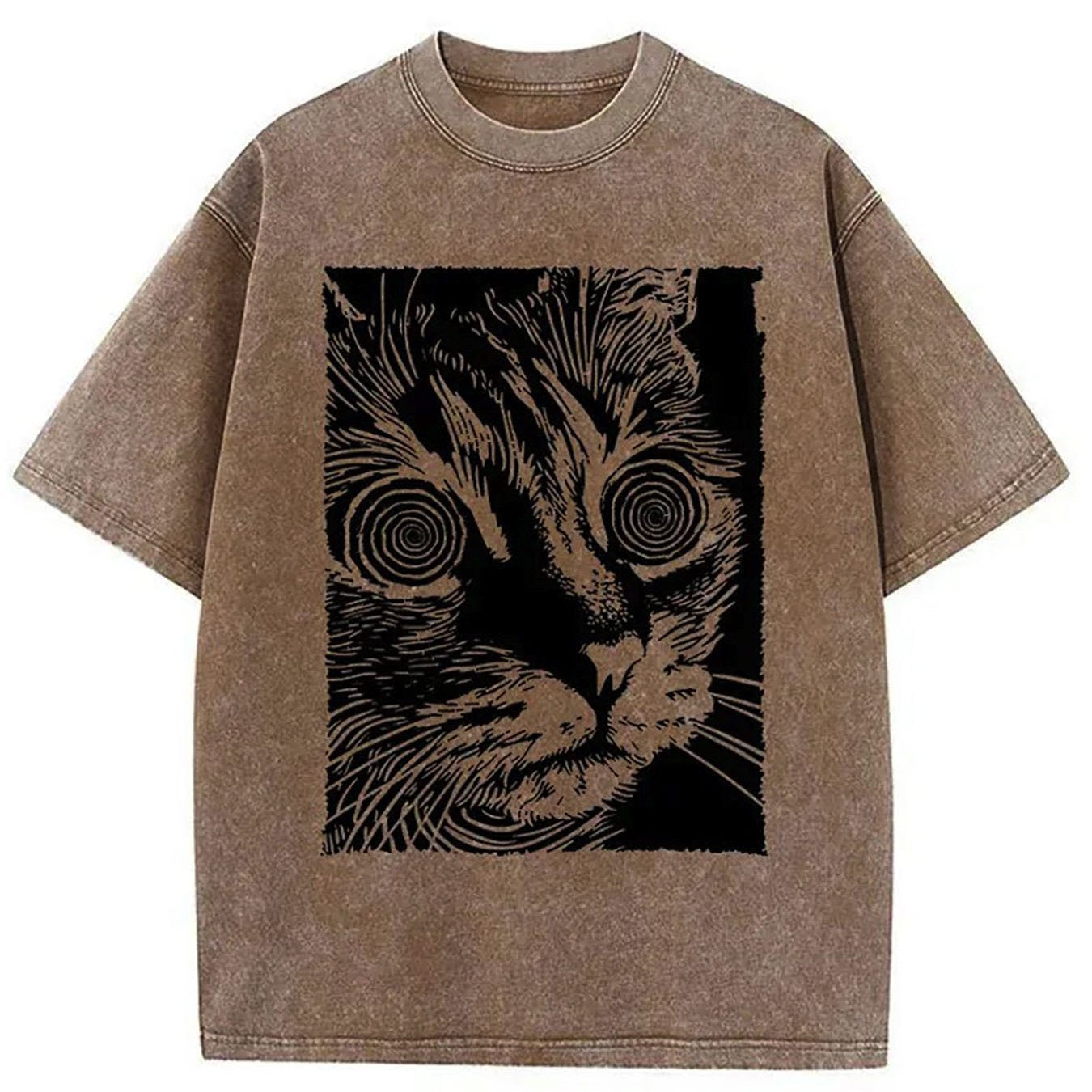 1pc, Vintage-Inspired Surprised Kitten Print T-Shirt, High-Quality Waxed Cotton, Relaxed Fit, Short Sleeve, Round Neck