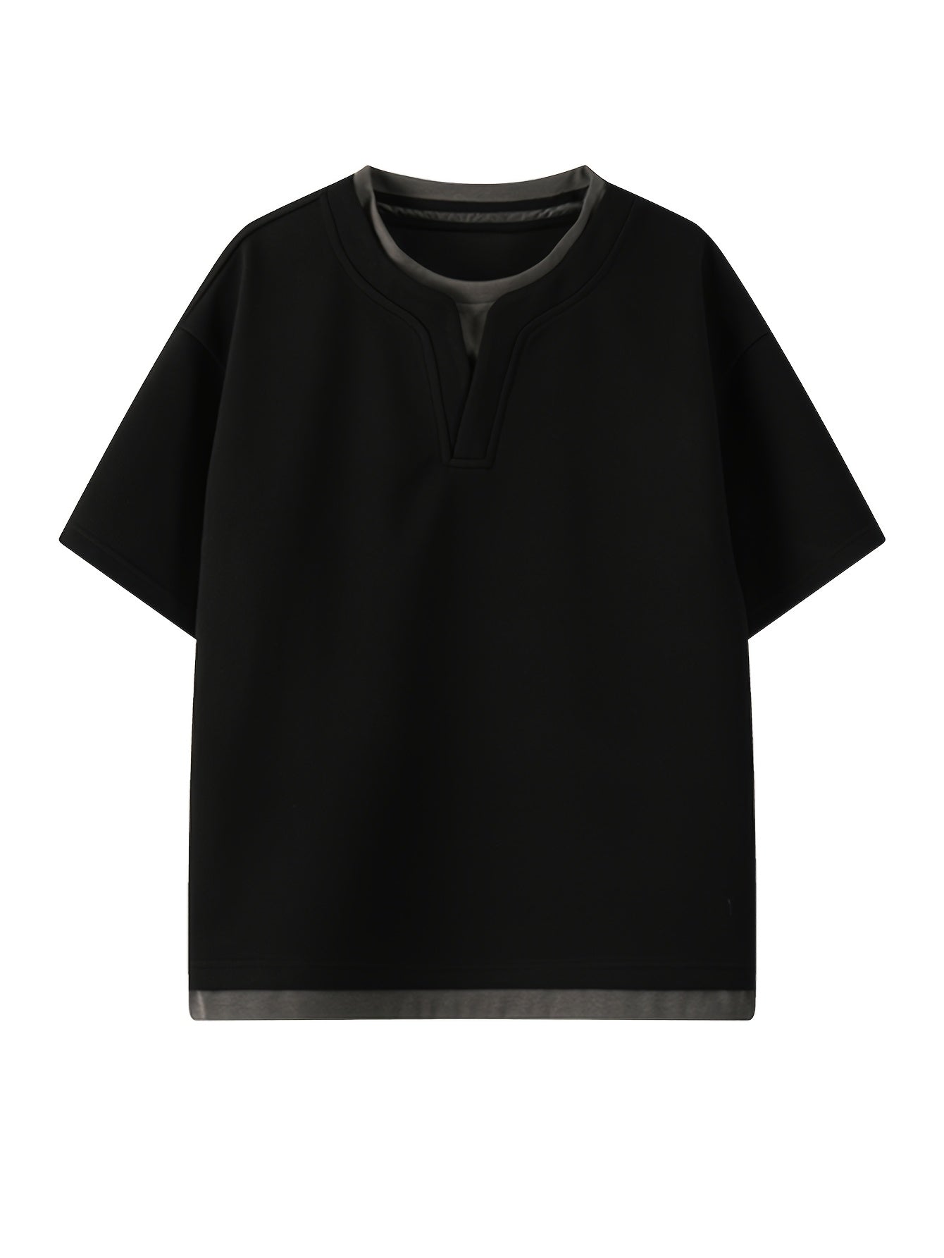 Casual T-Shirt OBM Men's Casual V-Neck Short Sleeve T-Shirt | Loose Fit Waffle Fabric, Solid Color with Contrast Trim