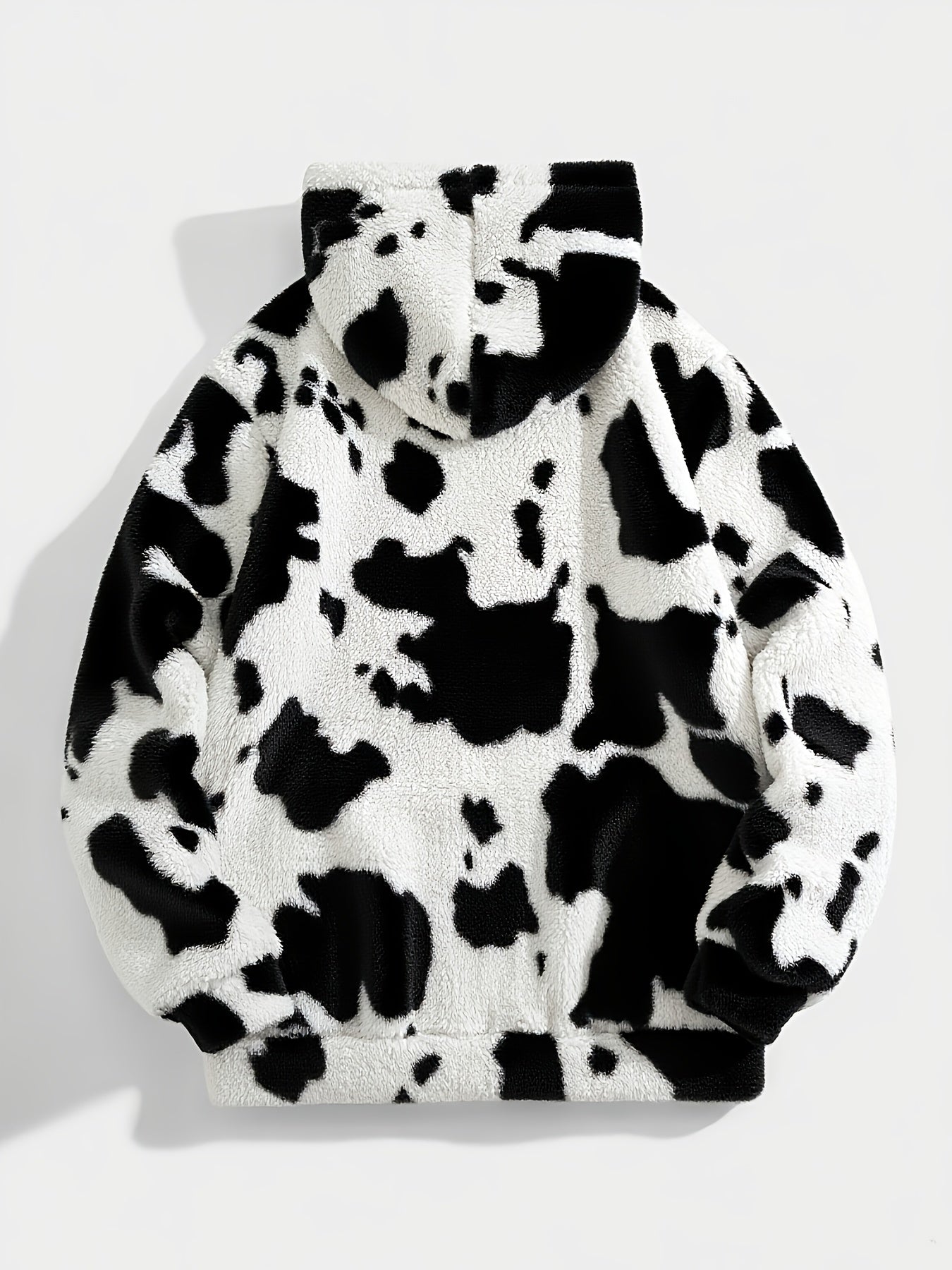 1pc Men'S Plush Hooded Sweatshirt - Soft Warm Winter Pullover with Brown & Cow Print