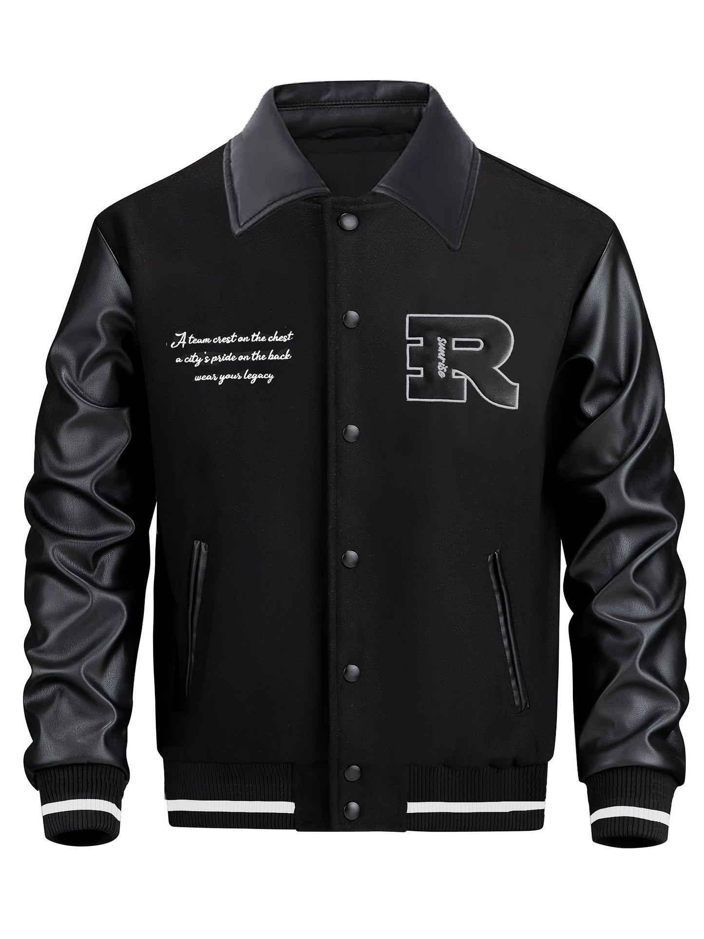 2025 Autumn Winter Men'S Black Baseball Jacket - High Street Embroidery, R Letter Patch