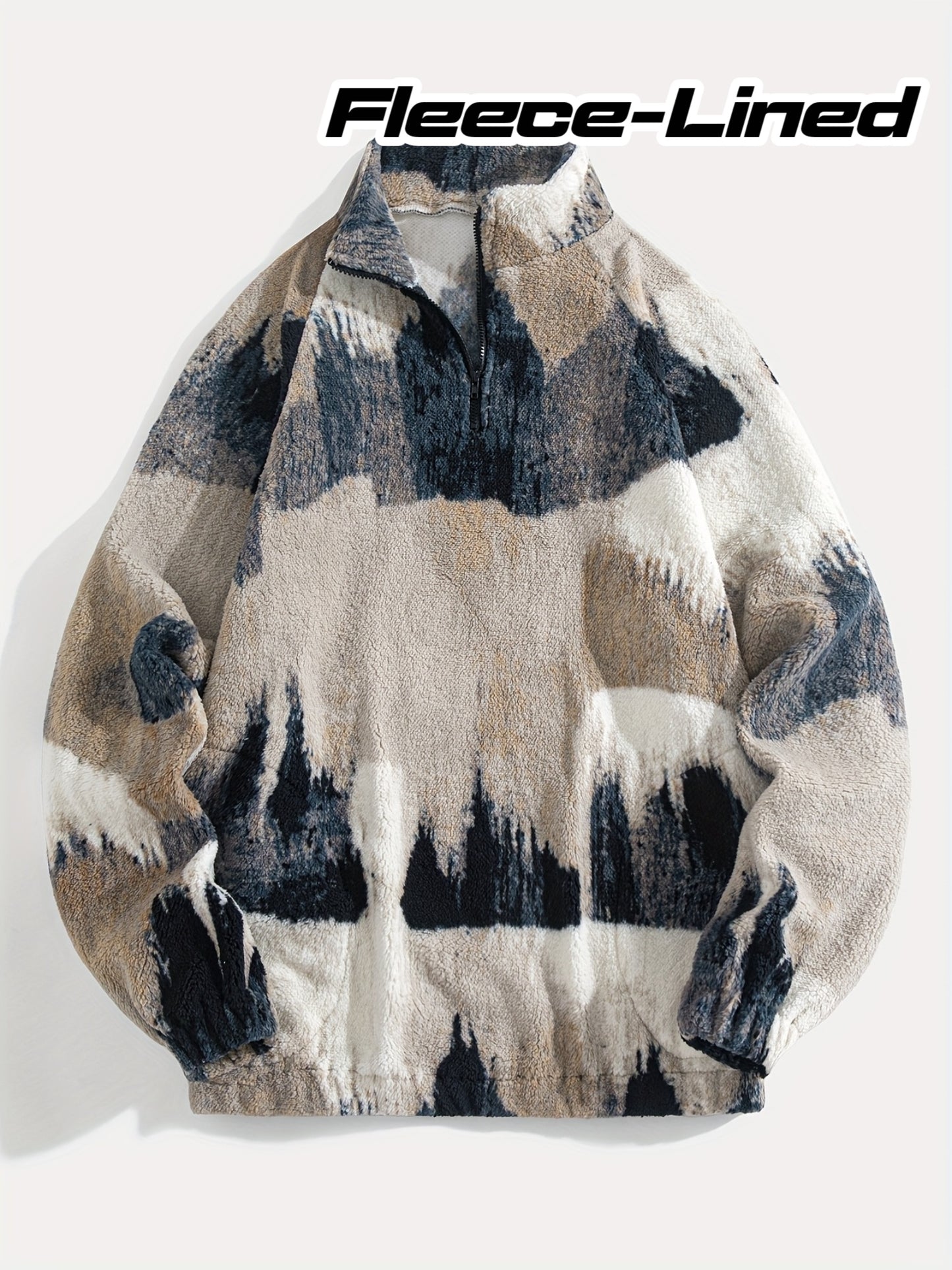 Men'S Plush Fleece-Lined Half-Zip Pullover Sweatshirt with Mountain Landscape Print - Soft Breathable Fabric