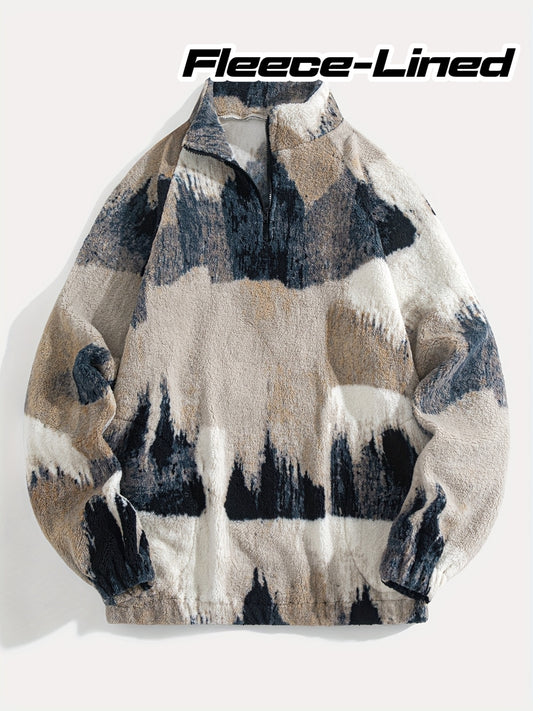 Men'S Plush Fleece-Lined Half-Zip Pullover Sweatshirt with Mountain Landscape Print - Soft Breathable Fabric