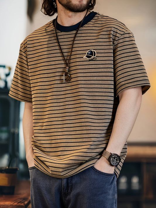 Men's Vintage Casual T-Shirt - Beige & Brown Horizontal Stripes