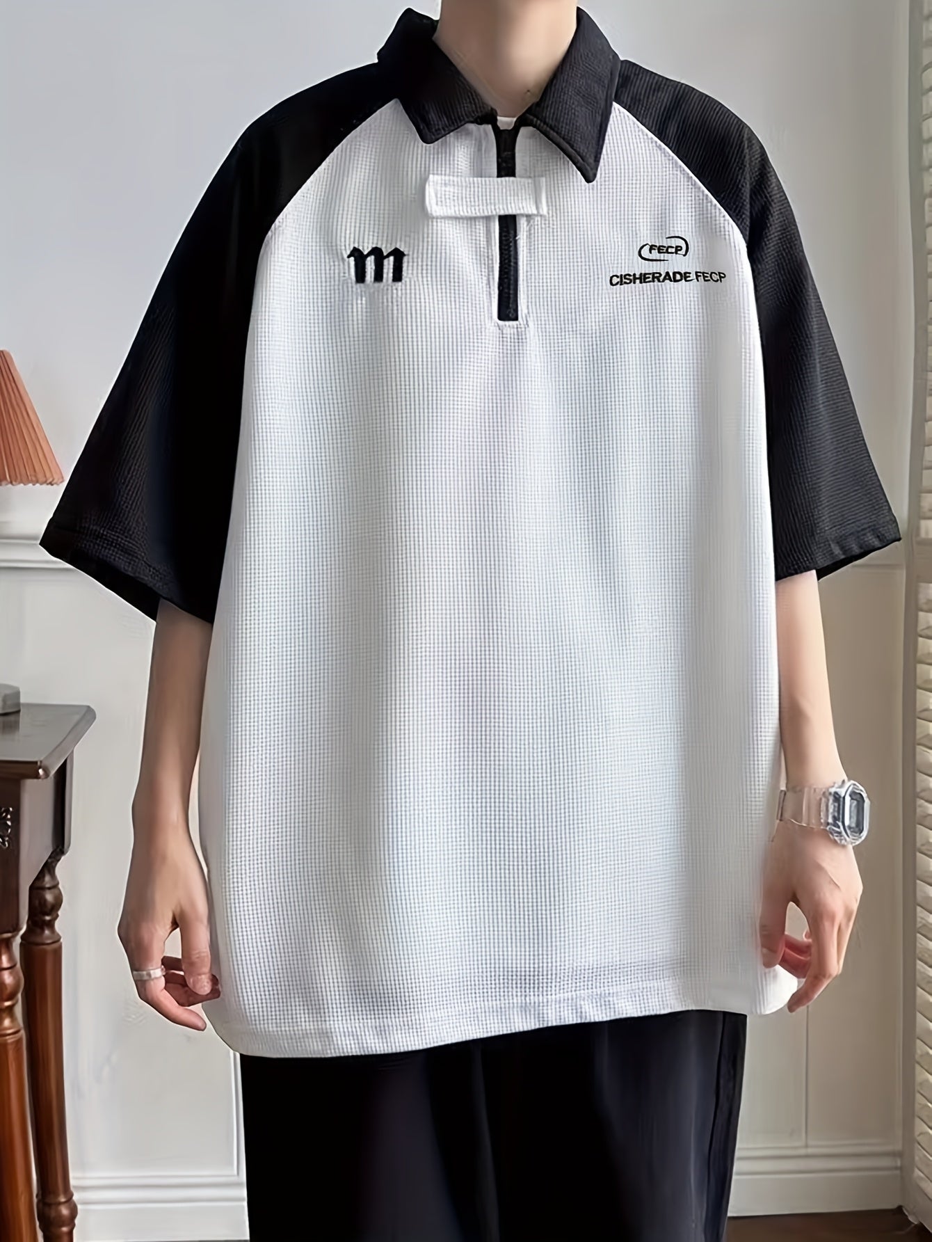 Men'S Casual Color Block T-Shirt - Summer Short Sleeve, Half-Zip, Lapel Collar, Heavyweight Polyester Top