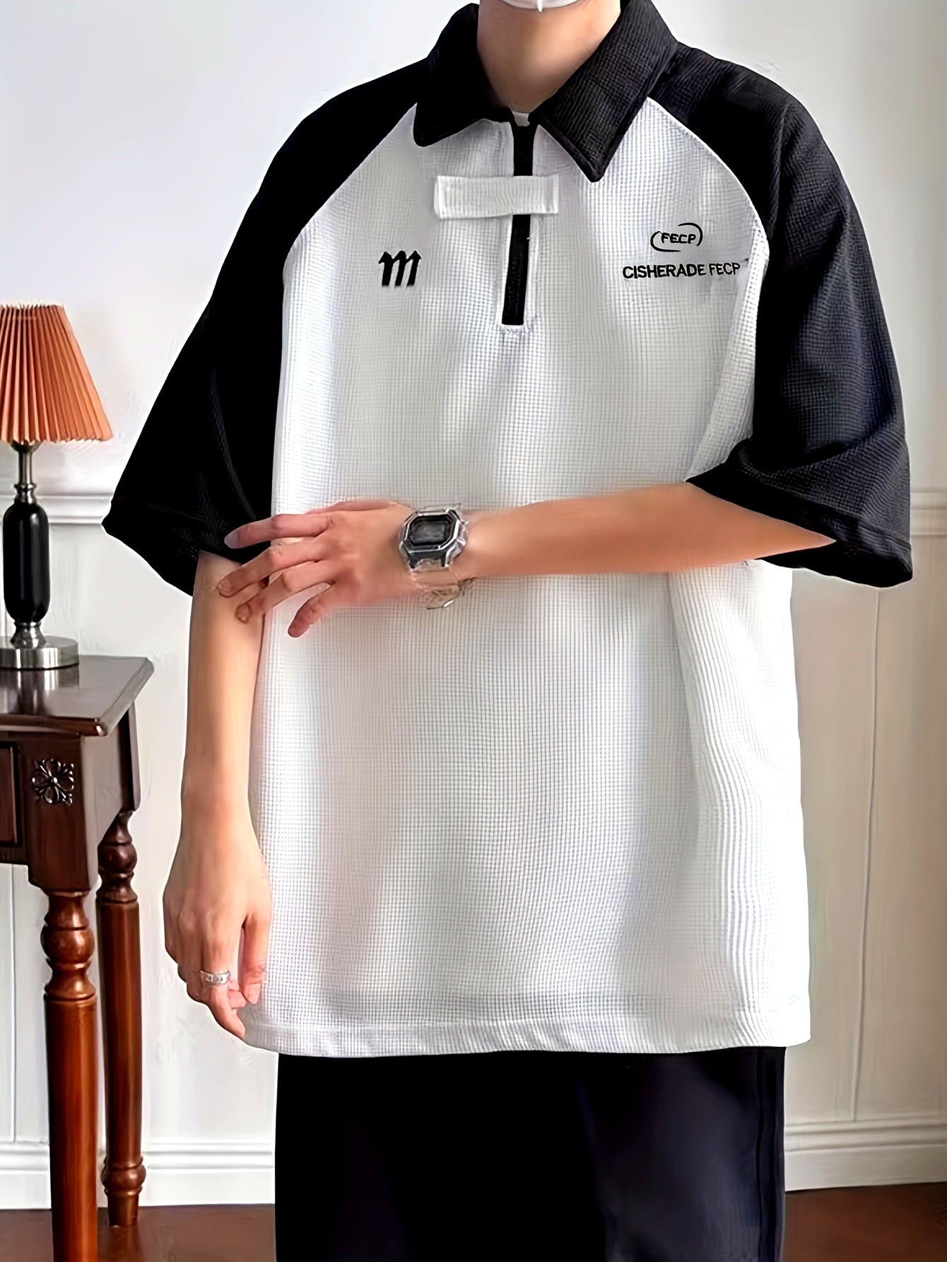 Men'S Casual Color Block T-Shirt - Summer Short Sleeve, Half-Zip, Lapel Collar, Heavyweight Polyester Top