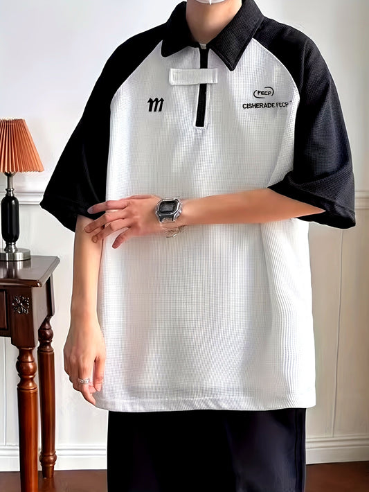 Men'S Casual Color Block T-Shirt - Summer Short Sleeve, Half-Zip, Lapel Collar, Heavyweight Polyester Top