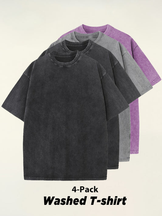 4pcs 100% Cotton Acid-Washed 230g T-Shirts - Retro Vintage Style