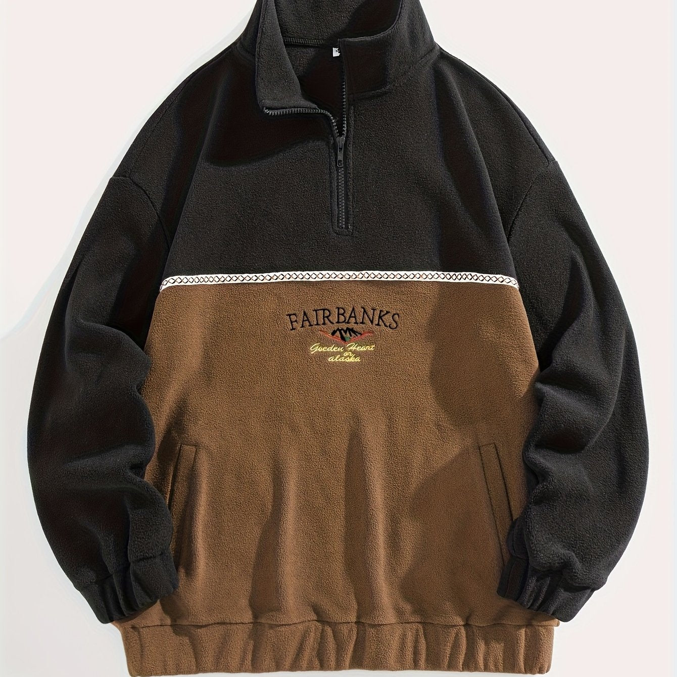 Men'S Color Block Fleece Zip-Up Hoodie with Embroidered Logo - High Neck, Long Sleeve