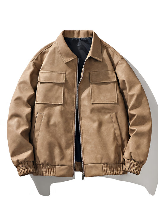 Men'S Vintage Motorcycle Jacket - Full-Zip Biker Coat with Zipper Closure, Non-Stretch Fabric