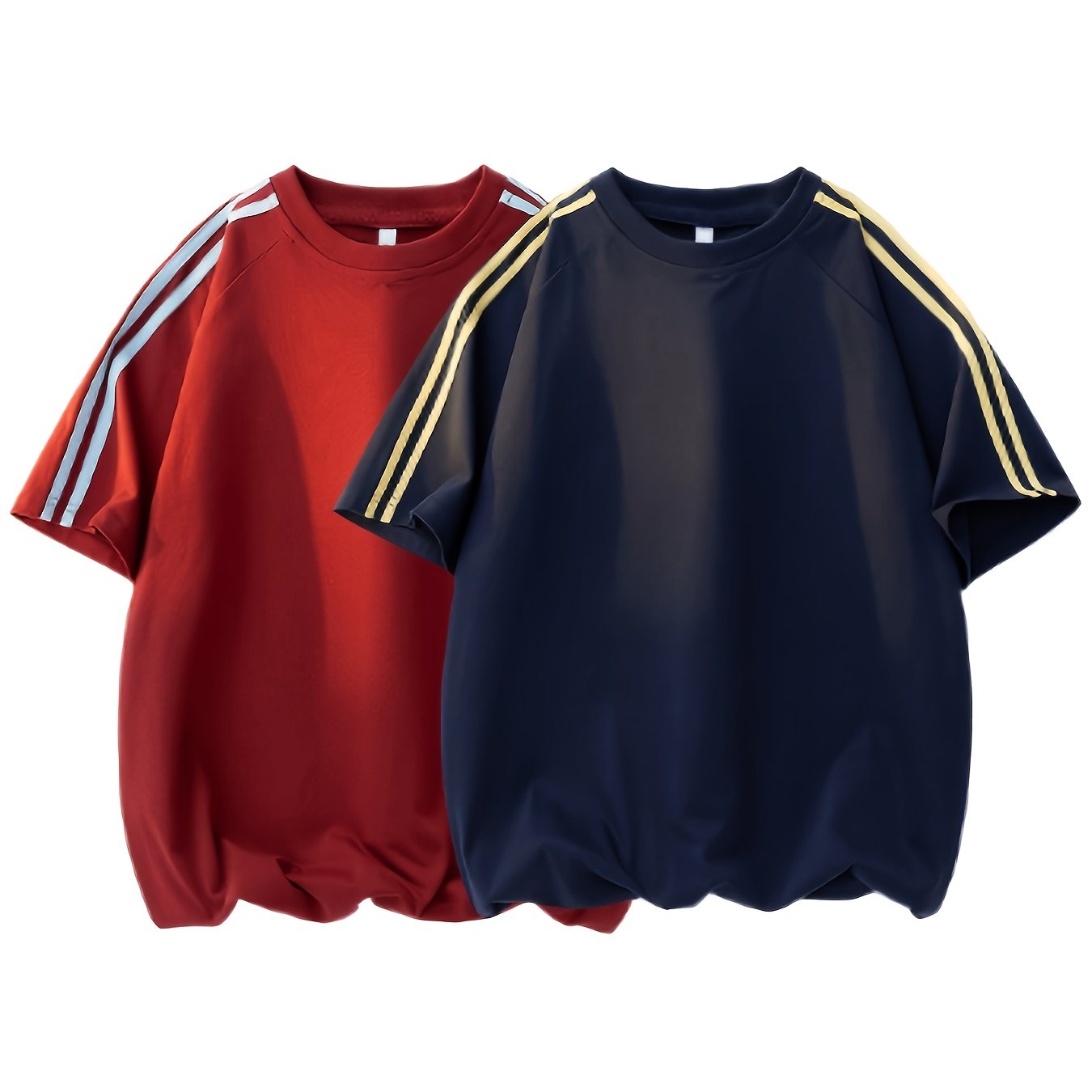 2pcs Men'S & Women'S Short Sleeve T-Shirts with Side Stripes - Comfortable Lightweight Polyester