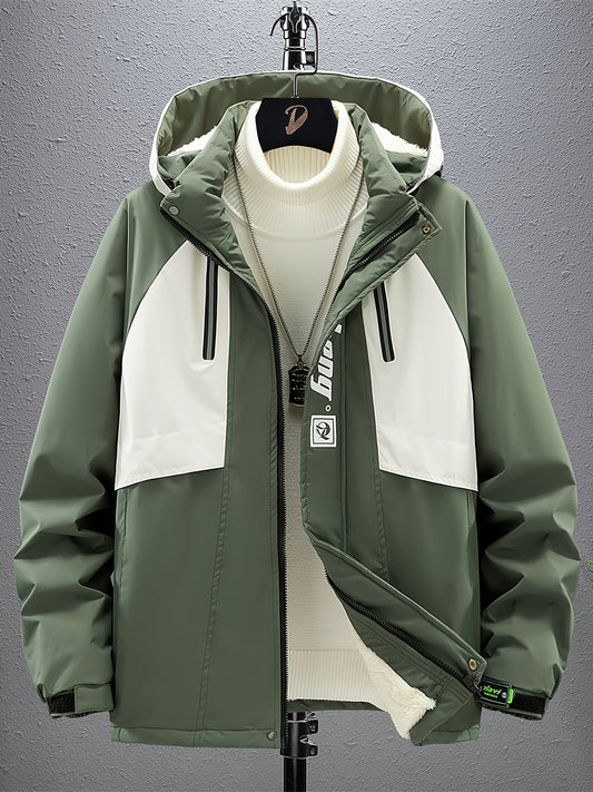 Men's Sporty Fleece-Lined Hooded Jacket - Two-Tone Olive Green & White with Contrast Stripes