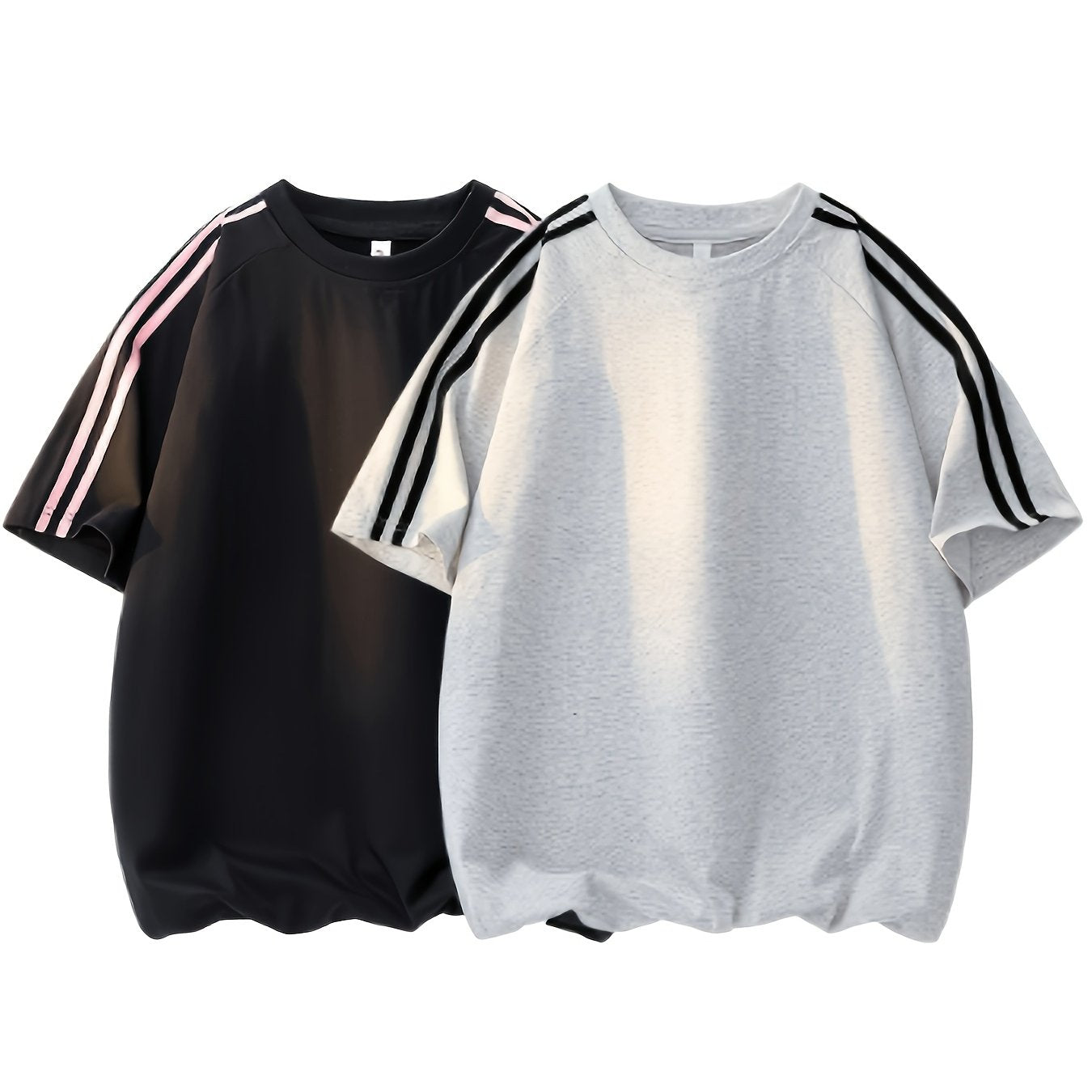 2pcs Men'S & Women'S Short Sleeve T-Shirts with Side Stripes - Comfortable Lightweight Polyester