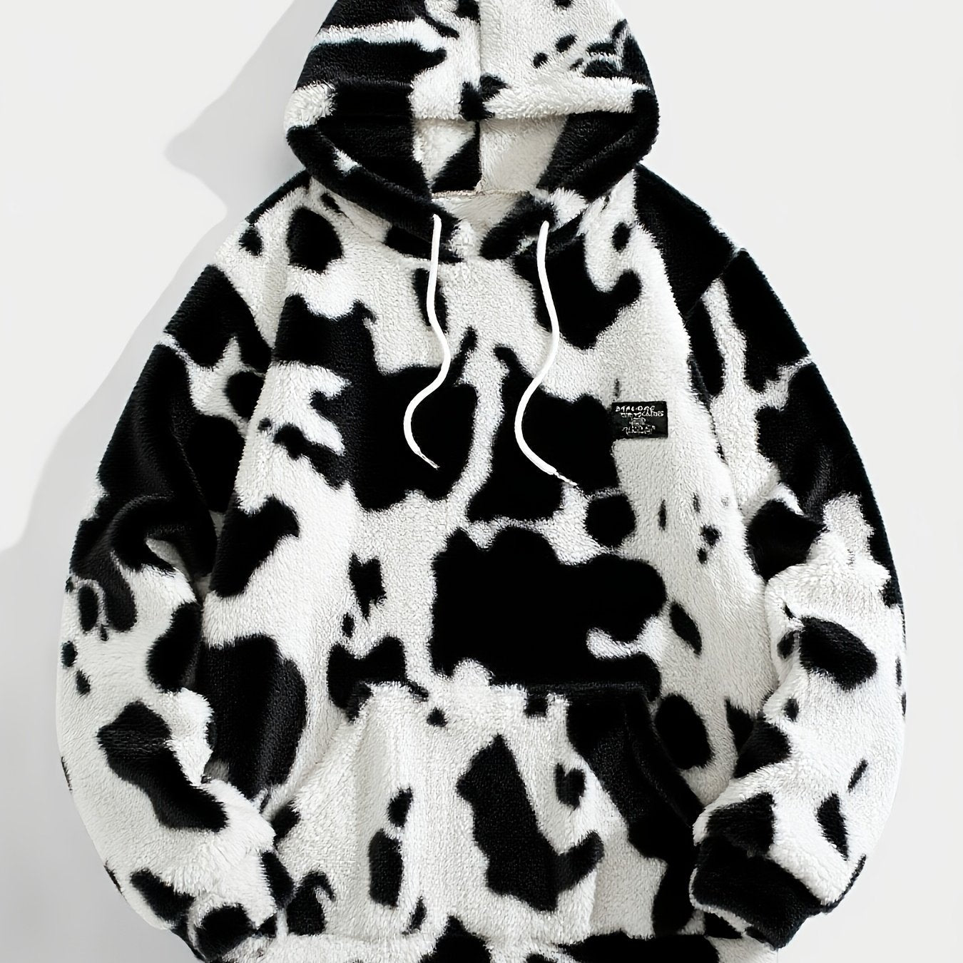 1pc Men'S Plush Hooded Sweatshirt - Soft Warm Winter Pullover with Brown & Cow Print