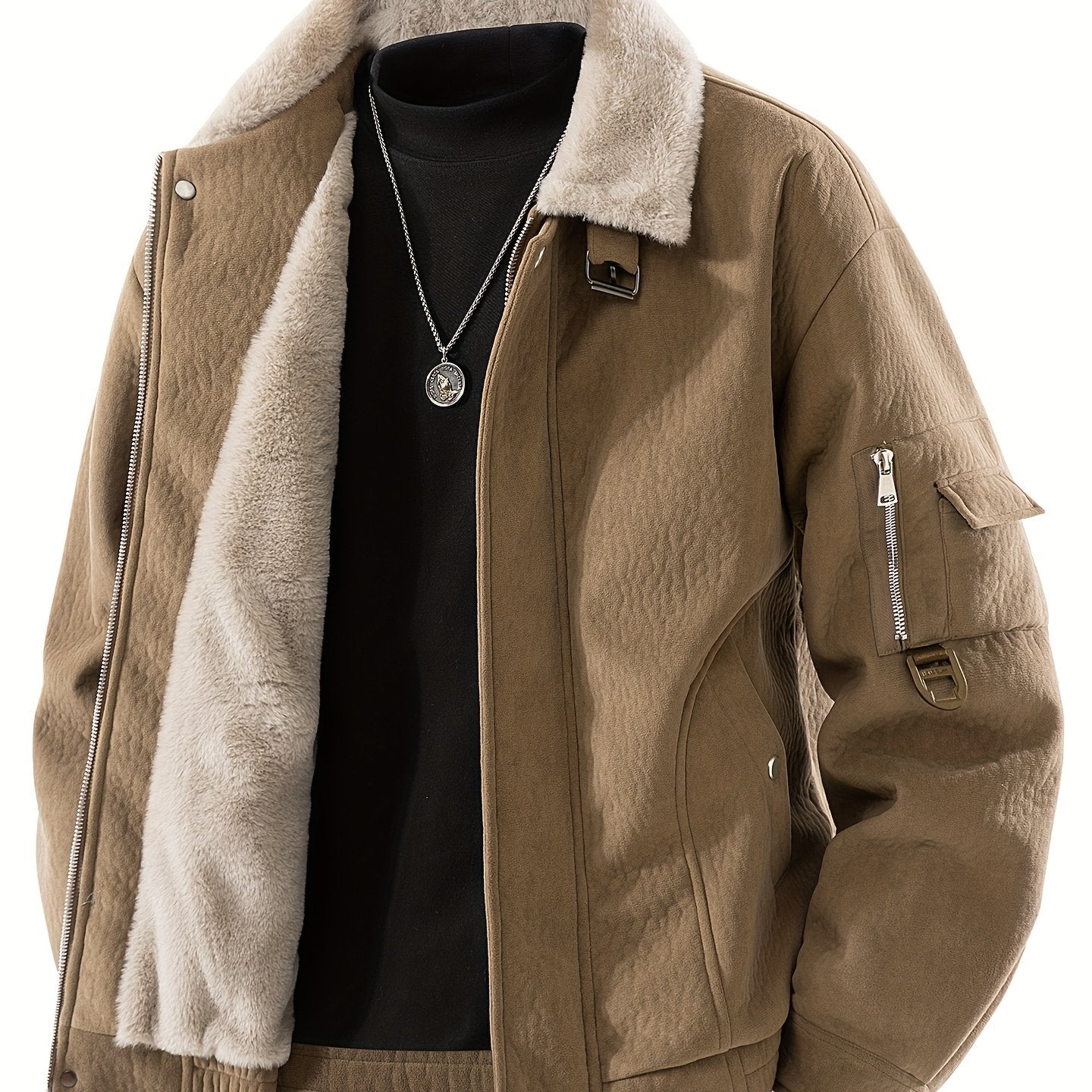 Men's Fleece Jacket with Full-Zip Closure & Fur Collar - Winter Warm Brown Coat