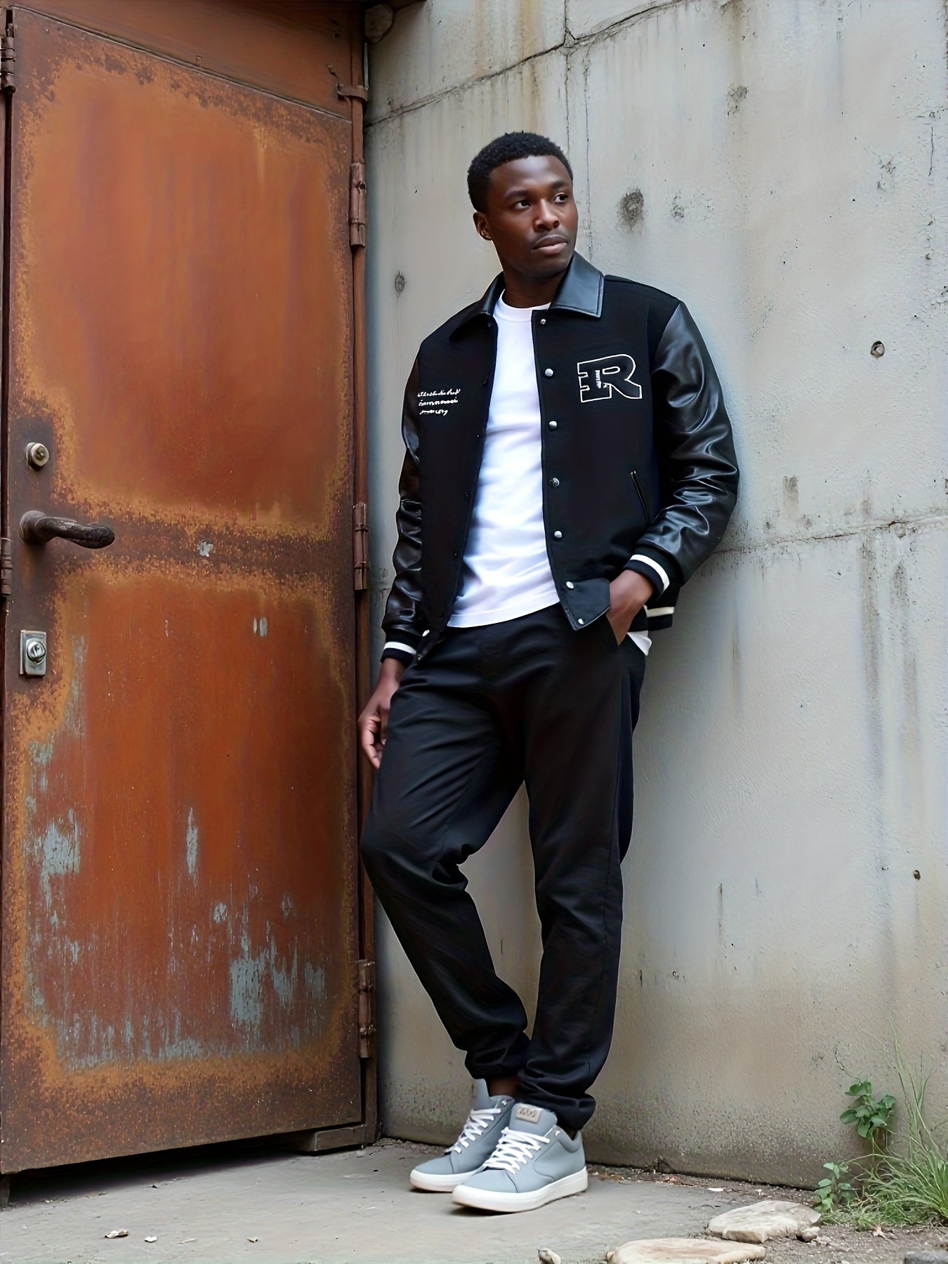 2025 Autumn Winter Men'S Black Baseball Jacket - High Street Embroidery, R Letter Patch