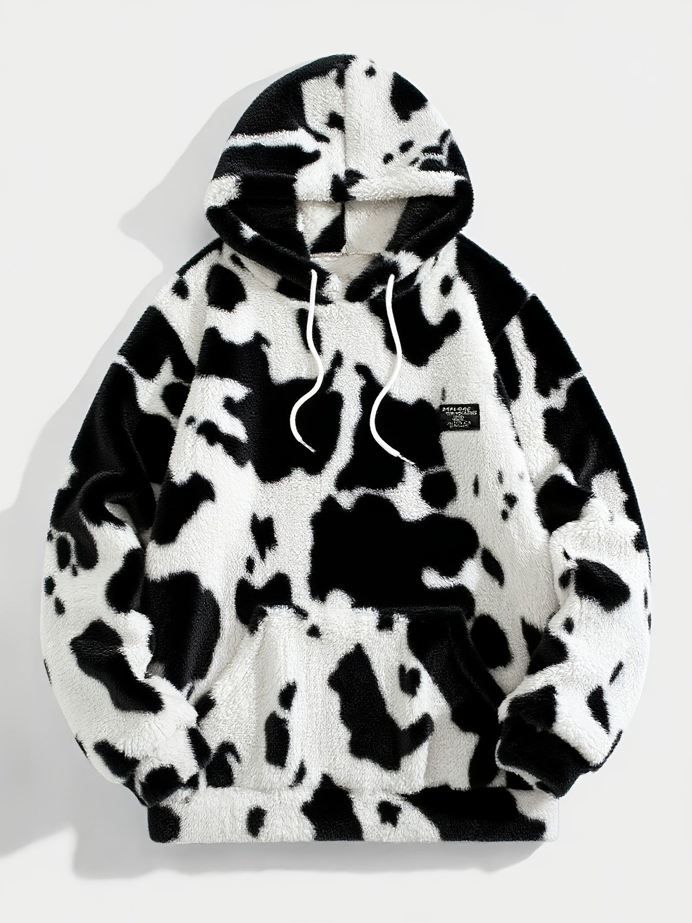 1pc Men'S Plush Hooded Sweatshirt - Soft Warm Winter Pullover with Brown & Cow Print