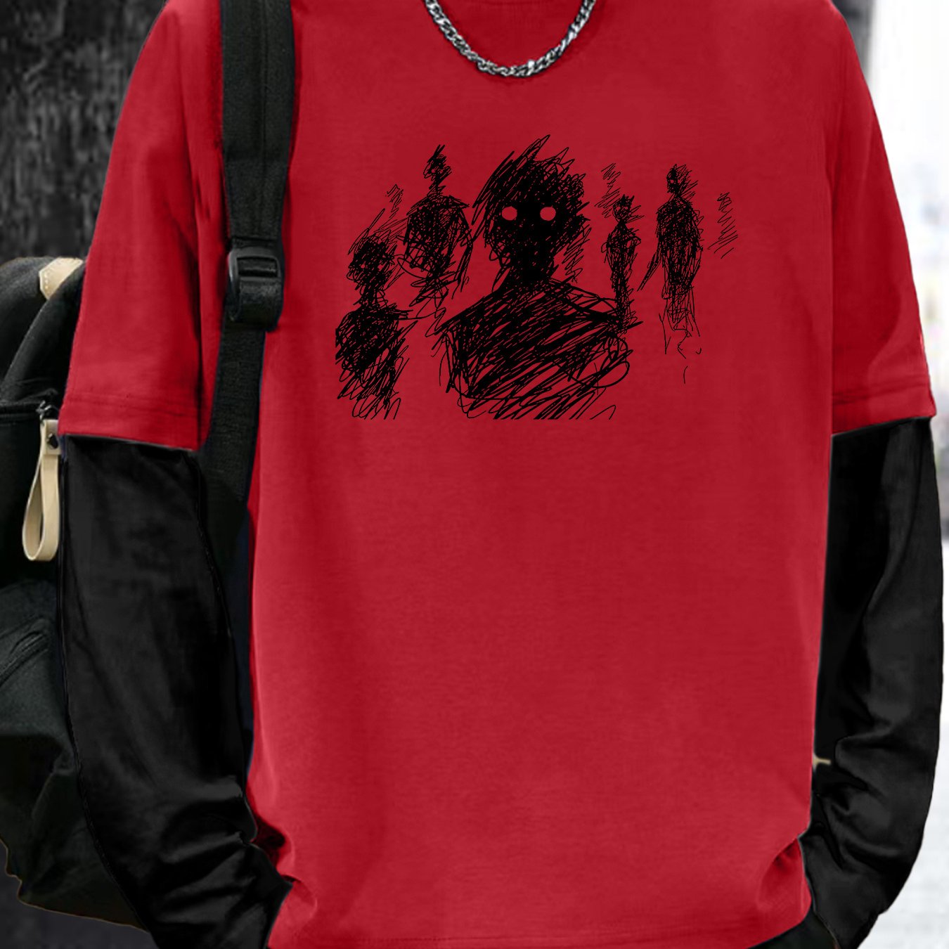 Color Matching Fake Two Men's Casual Loose Long-sleeved - Line Figure Printing T-shirts