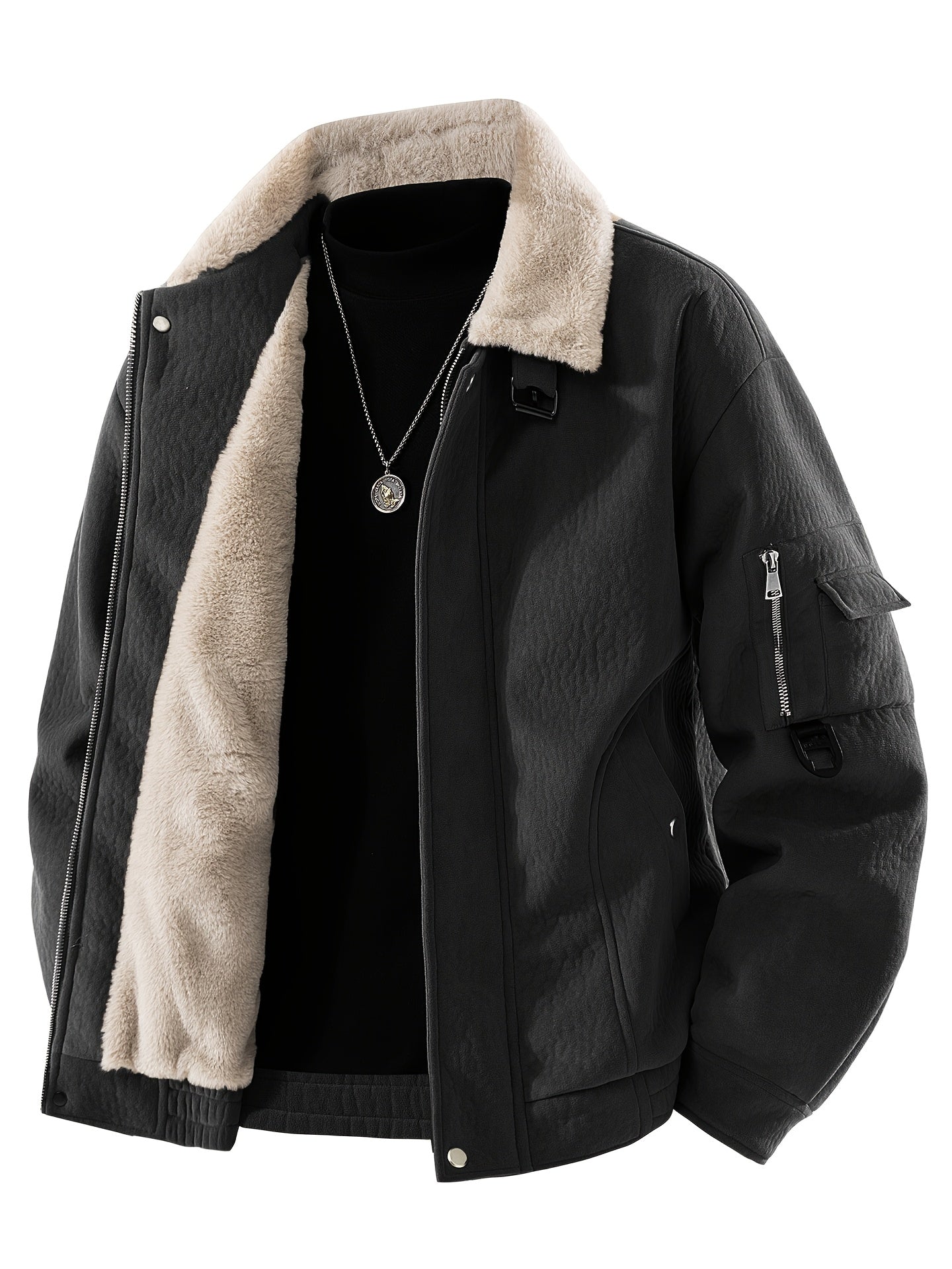 Men's Fleece Jacket with Full-Zip Closure & Fur Collar - Winter Warm Brown Coat