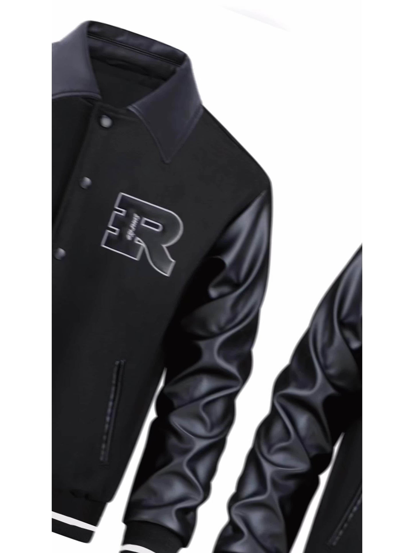 2025 Autumn Winter Men'S Black Baseball Jacket - High Street Embroidery, R Letter Patch