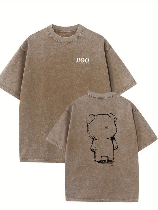 1pc, 230G Double-Sided Washed, Sticker Teddy Bear Printed T-Shirt