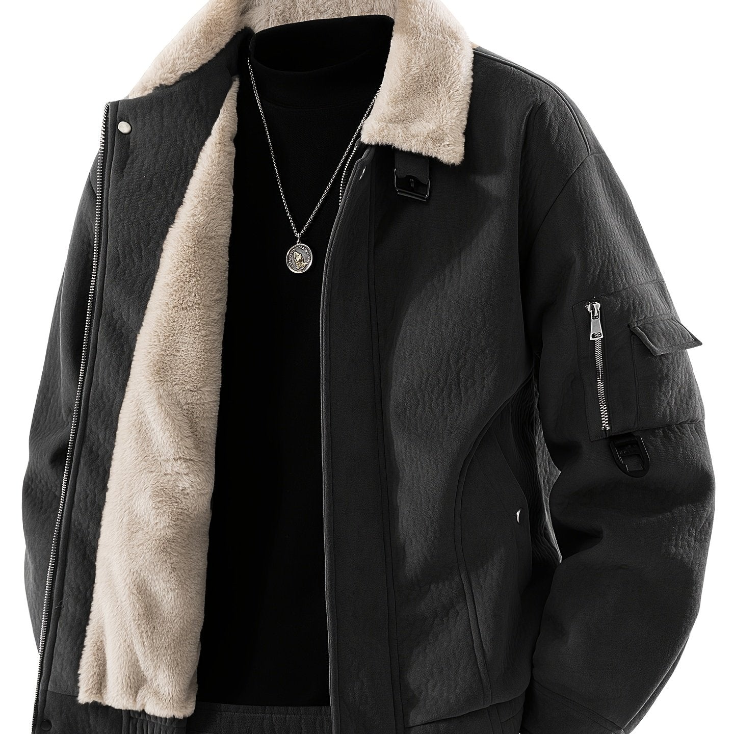 Men's Fleece Jacket with Full-Zip Closure & Fur Collar - Winter Warm Brown Coat