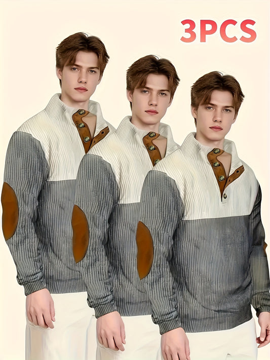 3pcs Retro Color Block Fashion Hoodie - Men'S Casual V-neck Men'S Clothing With Hoodie Top, Fashionable Outfit