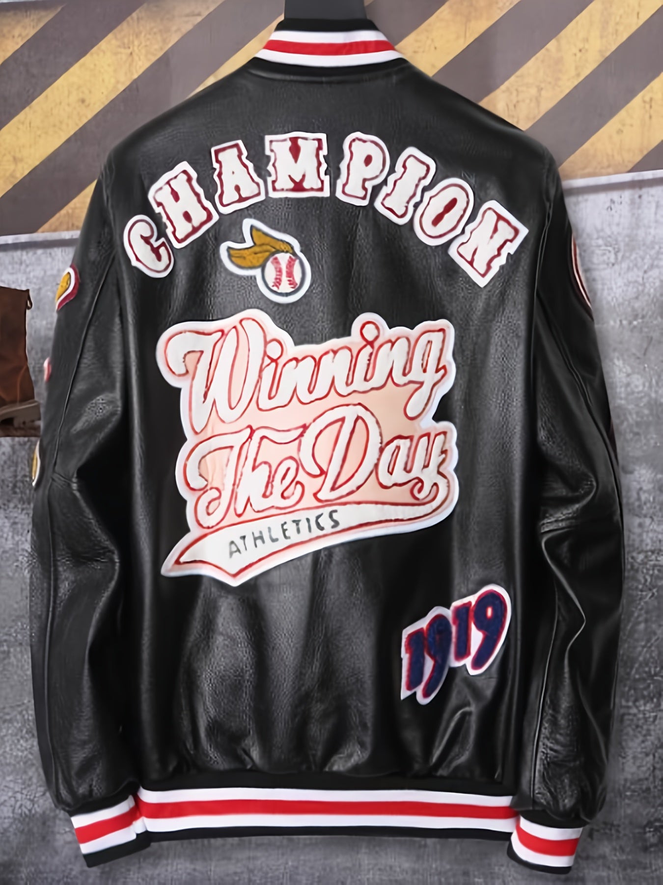 Men'S Embroidered Baseball Jacket, Casual Faux Leather with Polyester Lining, Stand Collar